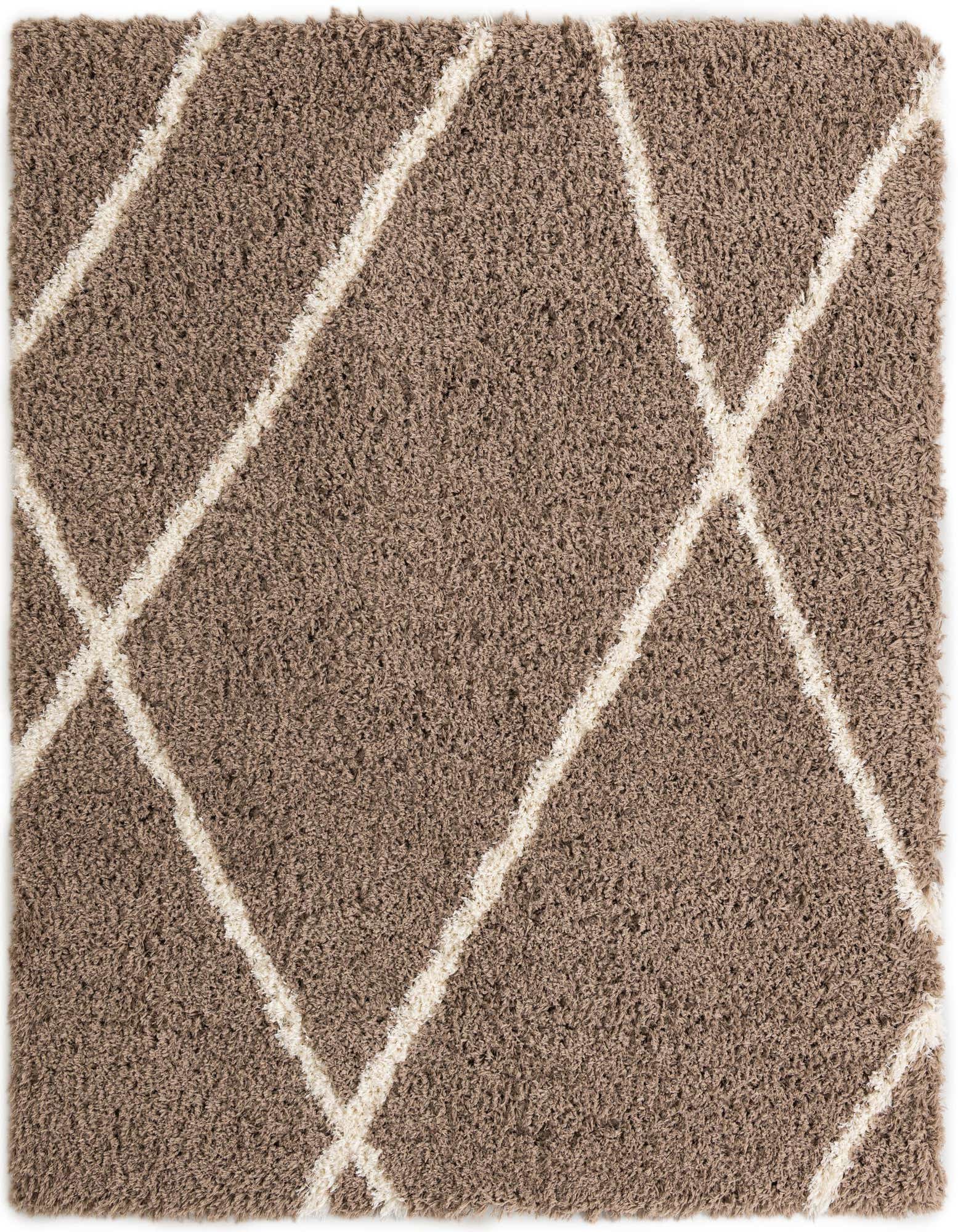 A brown square shag rug with a modern ivory diamond pattern, suitable for a living room or bedroom.