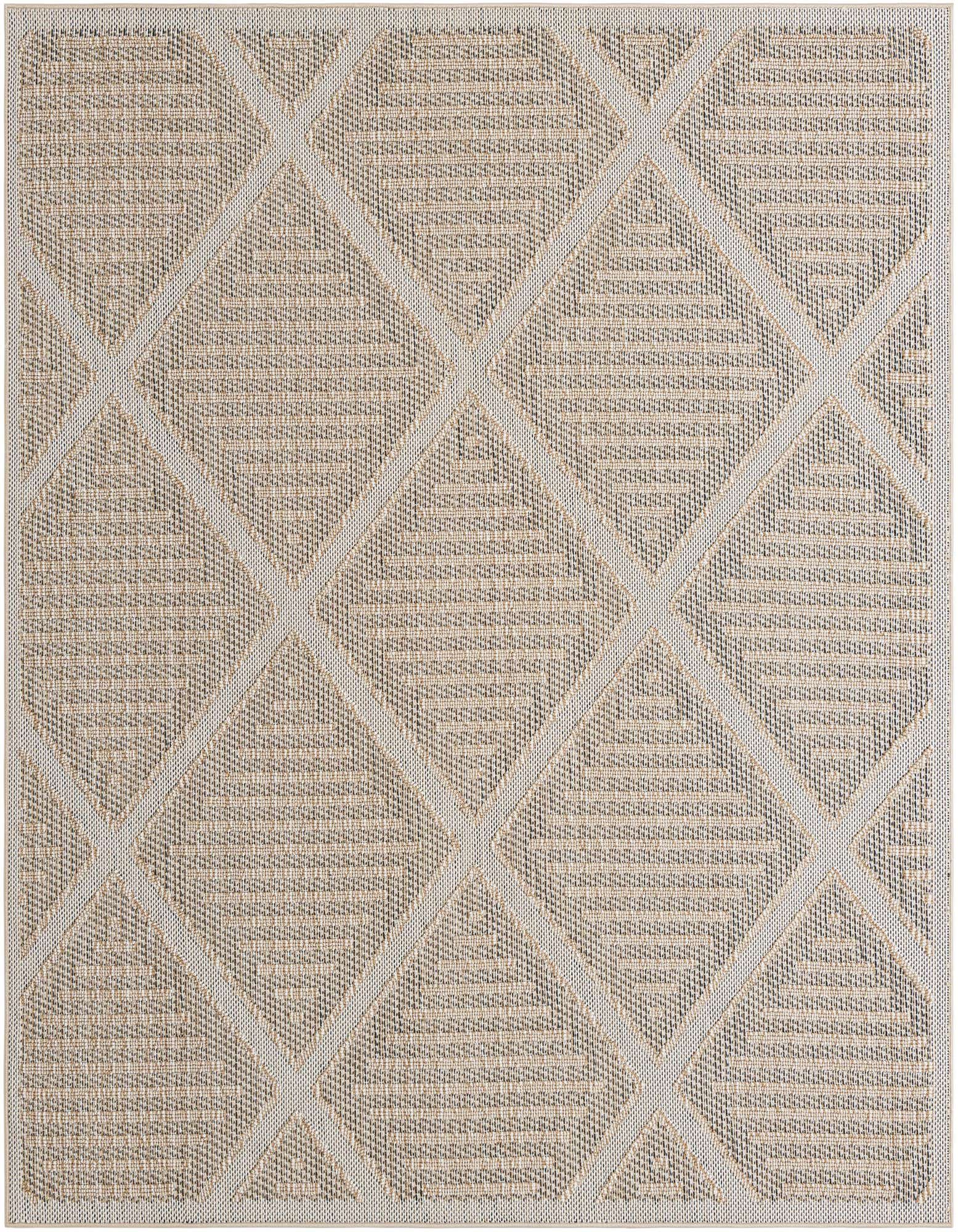 A 7' 10 x 7' 10 square Rugs.com Outdoor Lattice rug featuring a modern geometric lattice pattern in light brown and cream tones.