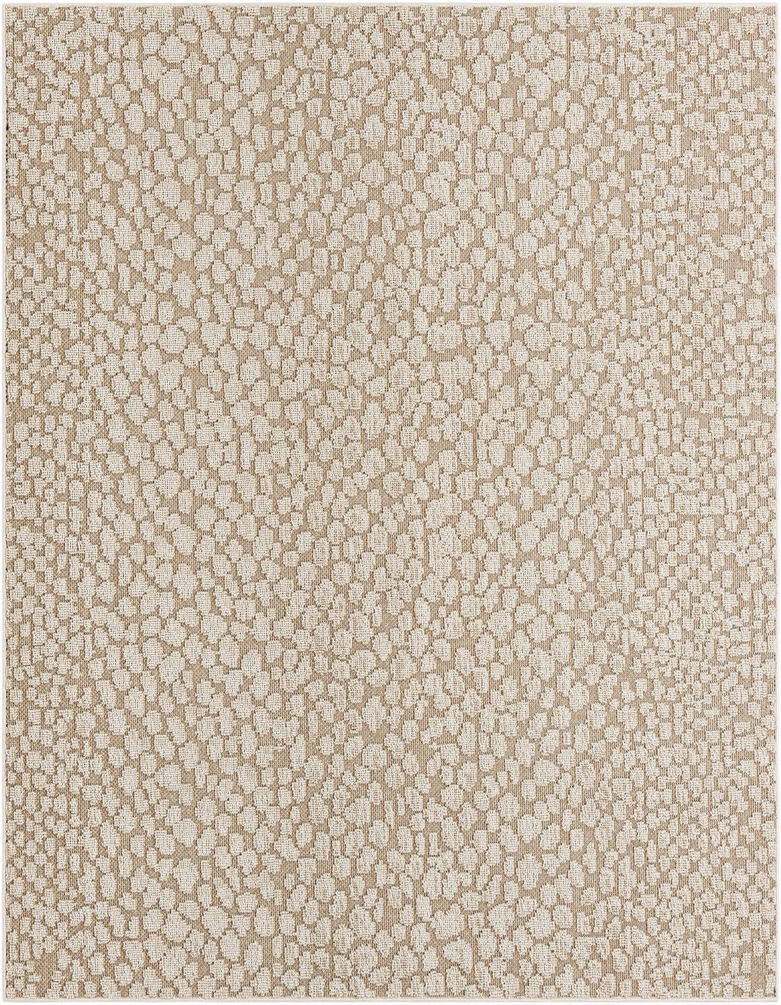 A 7' 10 x 7' 10 square indoor/outdoor rug with a modern abstract pattern in shades of brown, tan, and cream.