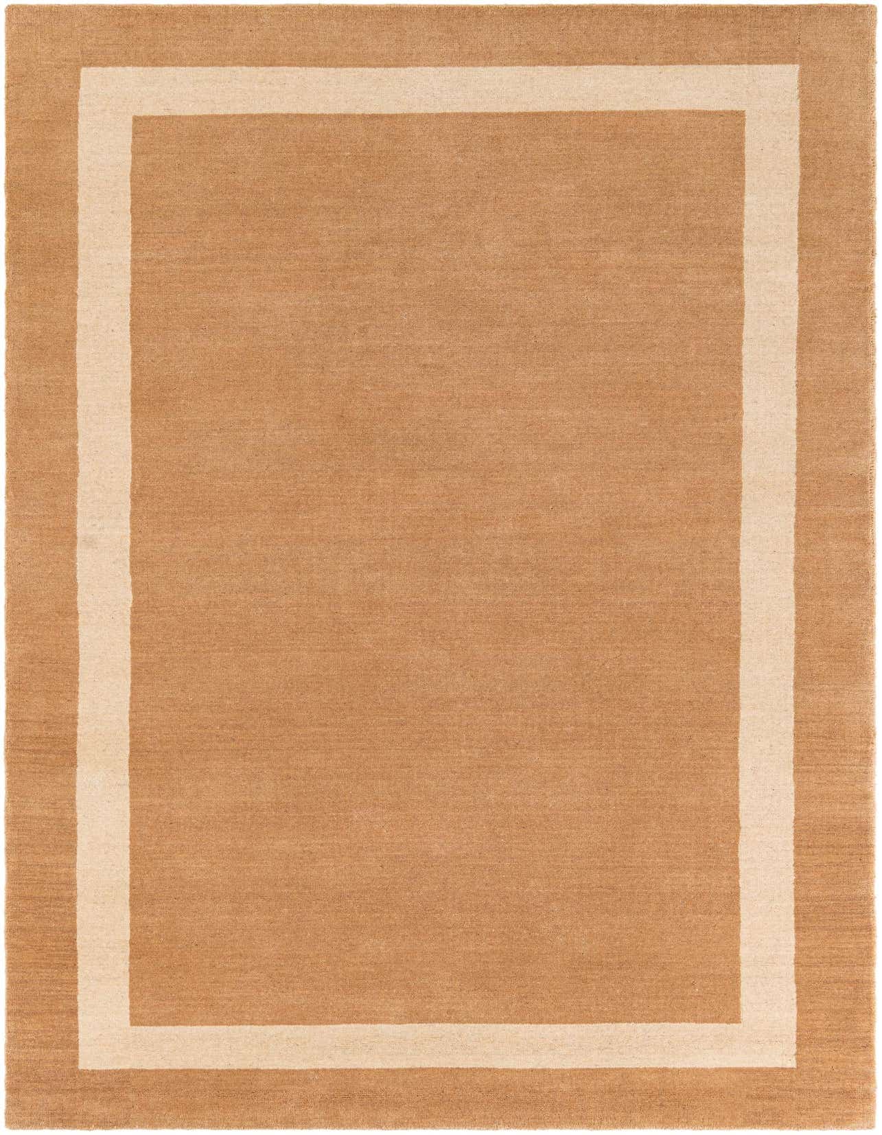 A 5x8 rectangular Jill Zarin Border Wool rug in warm brown with a cream border, suitable for a living room.