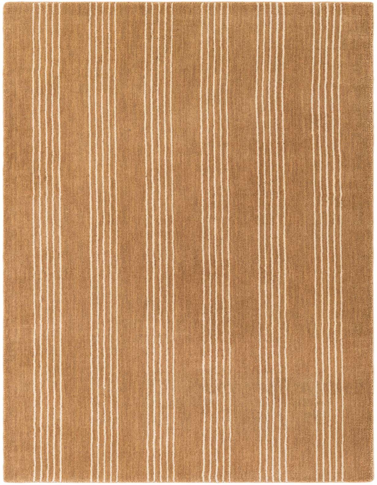 A 3x5 rectangular brown and ivory striped wool rug with a medium pile, suitable for an entryway.