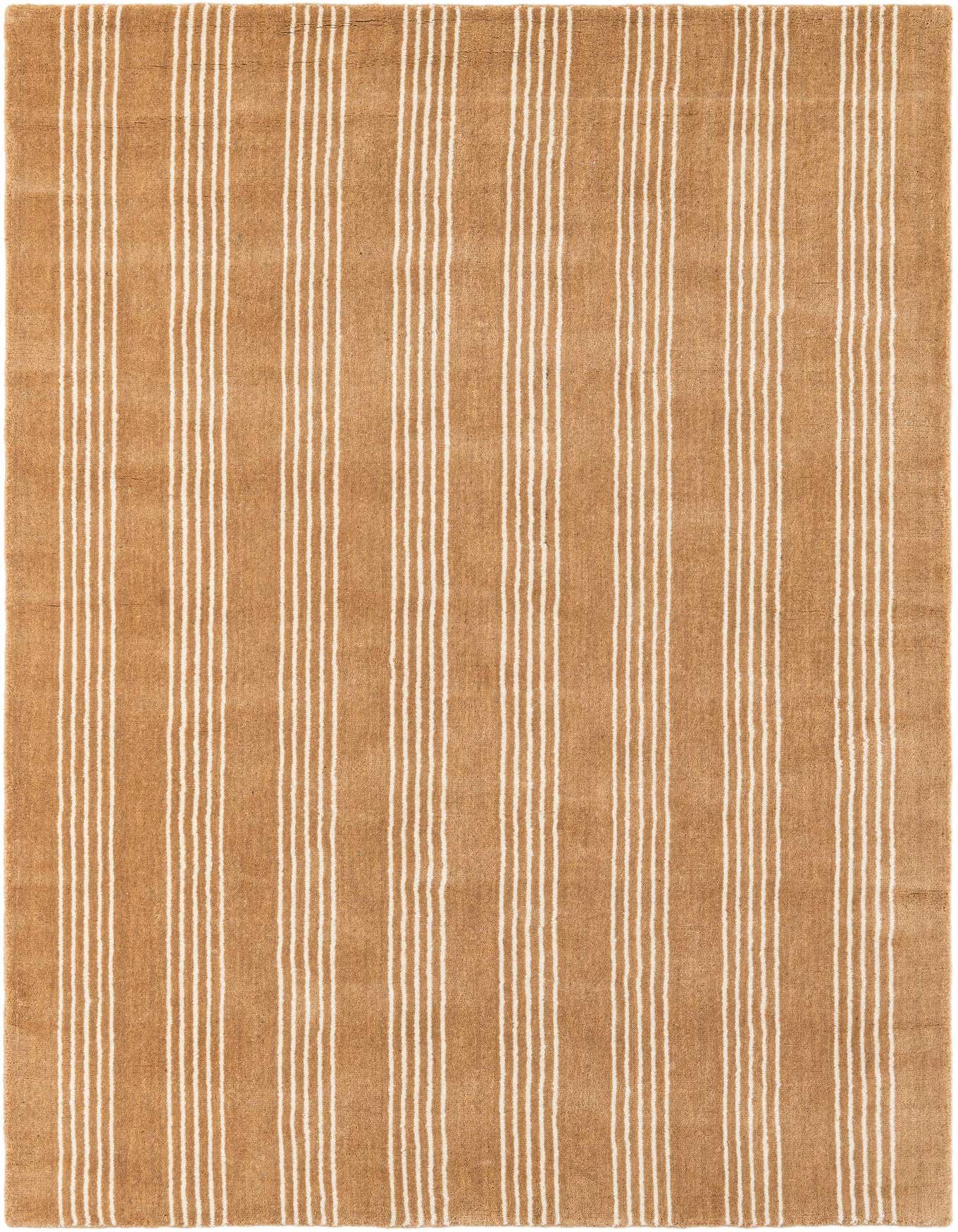 A 4x6 rectangular brown and ivory striped wool area rug with a modern design, suitable for a living room.