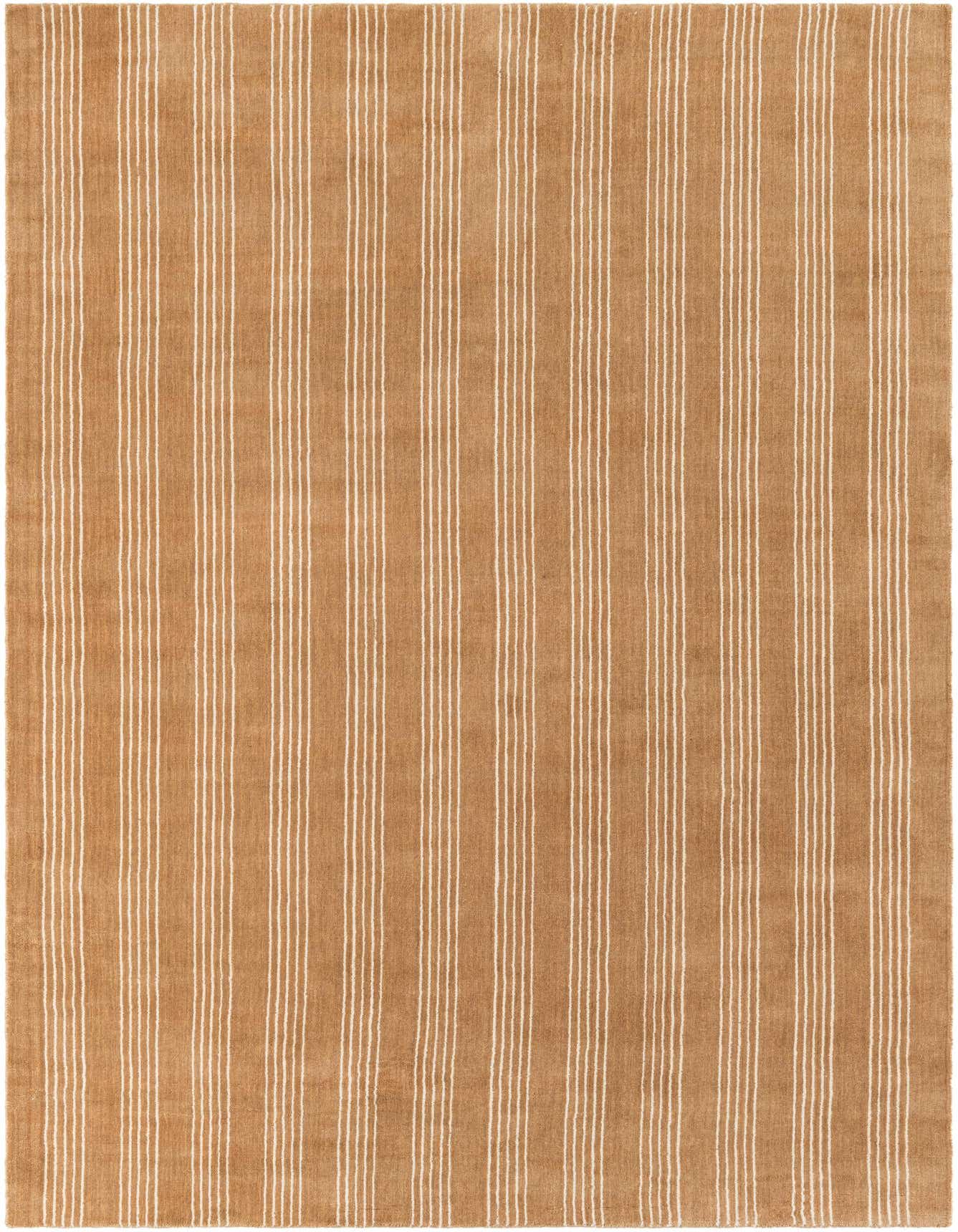 A 6x9 rectangular Jill Zarin Striped Wool rug featuring thin ivory stripes on a warm brown background.