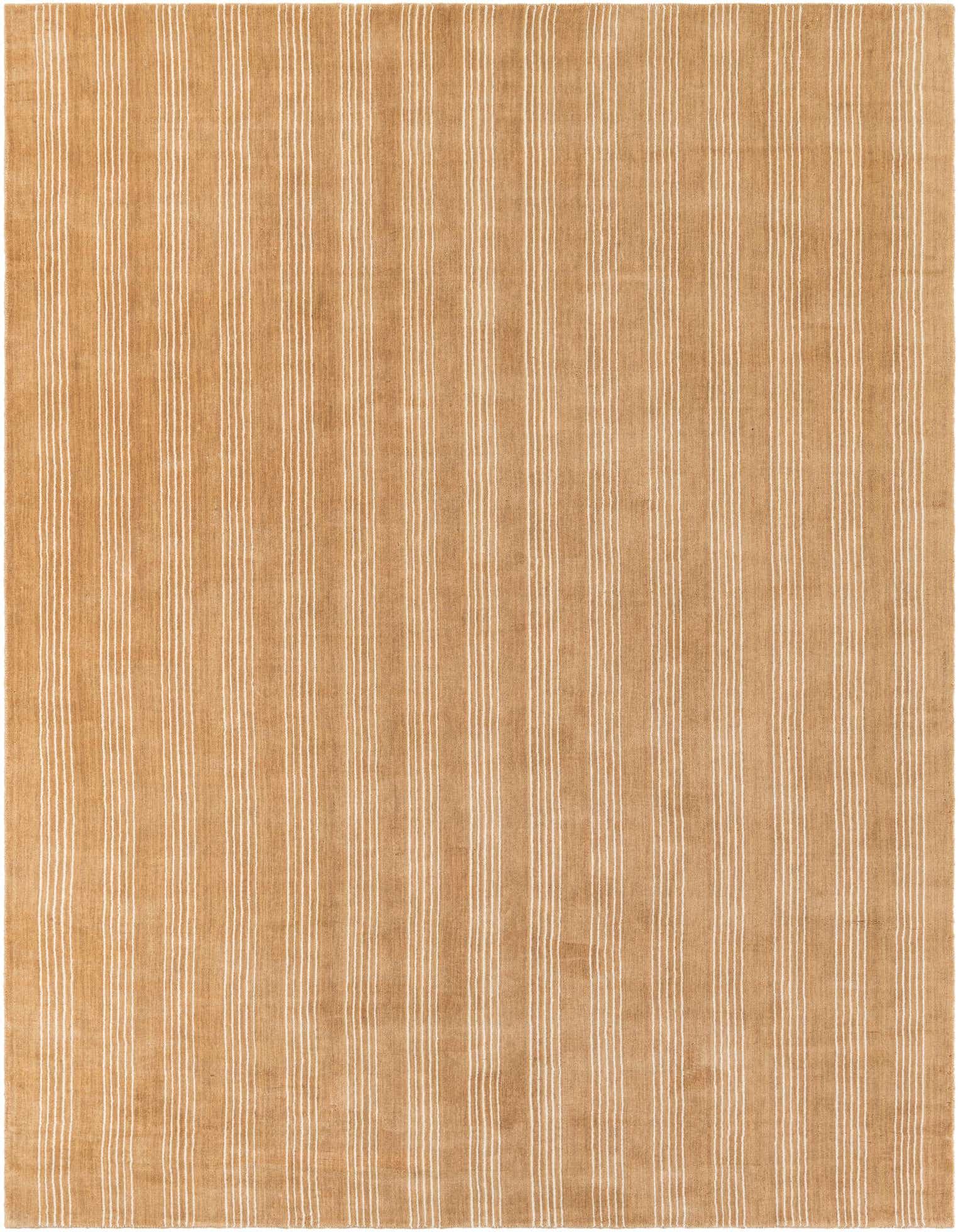 An 8x10 rectangular Jill Zarin Striped Wool rug featuring thin ivory stripes on a warm brown and tan background, ideal for a modern living room.