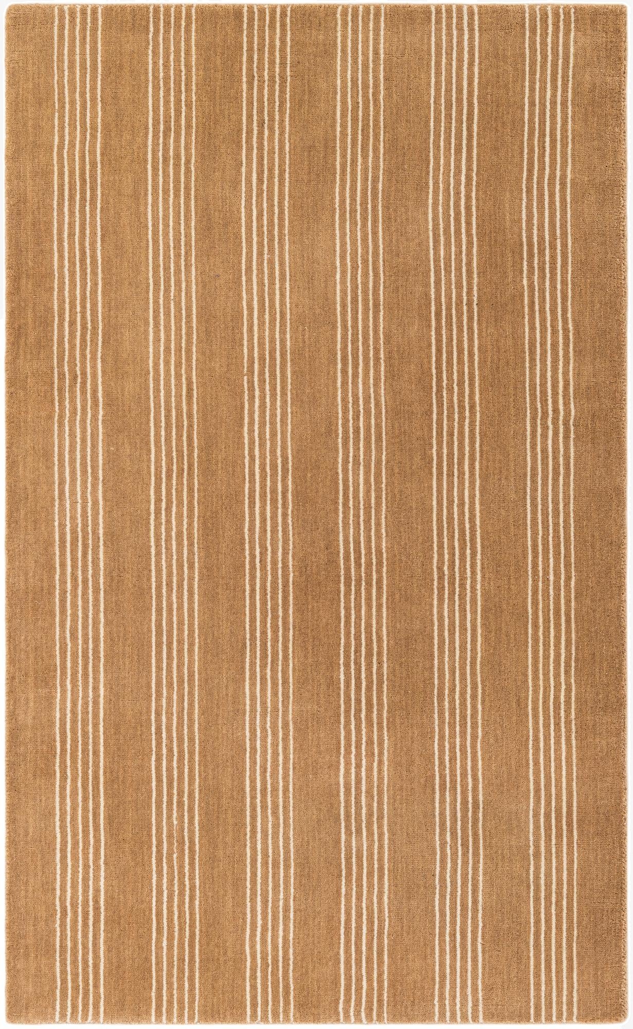 A 3x5 rectangular brown and ivory striped wool rug with a medium pile, suitable for an entryway.