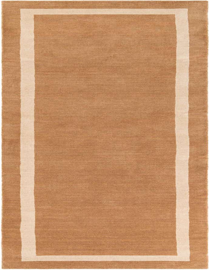A 10 ft runner rug in shades of brown and tan, featuring a solid center with an ivory border.
