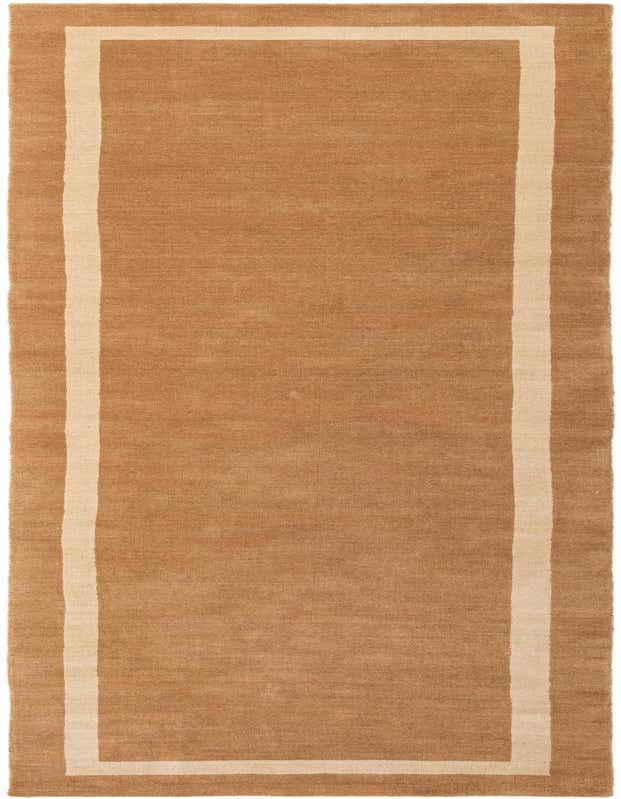 A 12 ft runner rug in warm brown with a cream border, made from wool and cotton, perfect for a hallway.