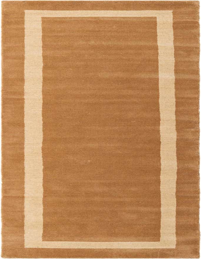 A modern 8 ft runner rug in shades of brown and tan, featuring a contrasting ivory border, ideal for a hallway or kitchen.