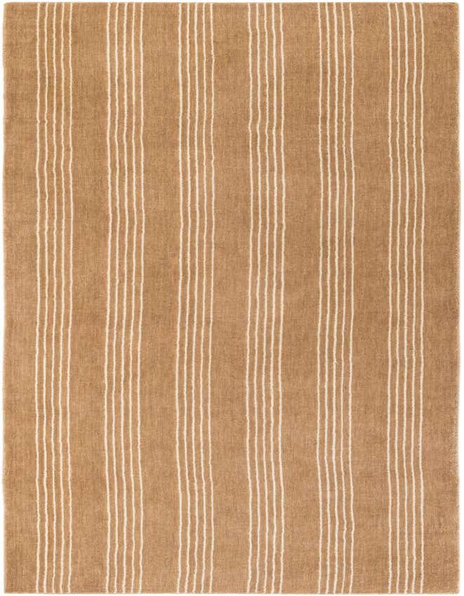A 10 ft runner rug in shades of brown and tan, featuring vertical ivory and cream stripes, perfect for a modern hallway.