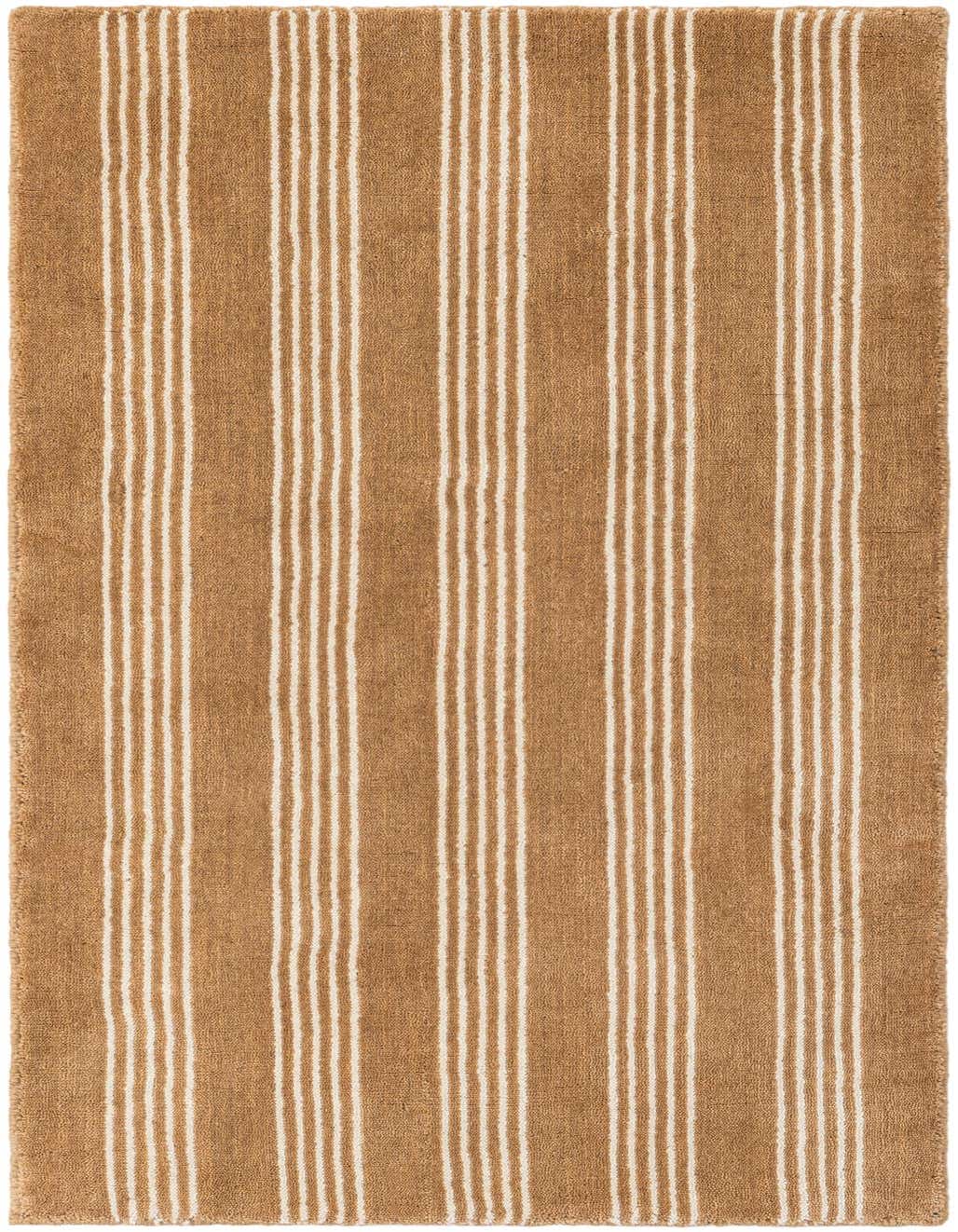 A 4 ft runner rug from the Jill Zarin Striped Wool collection, featuring a modern design with vertical ivory stripes on a tan background, perfect for a hallway.