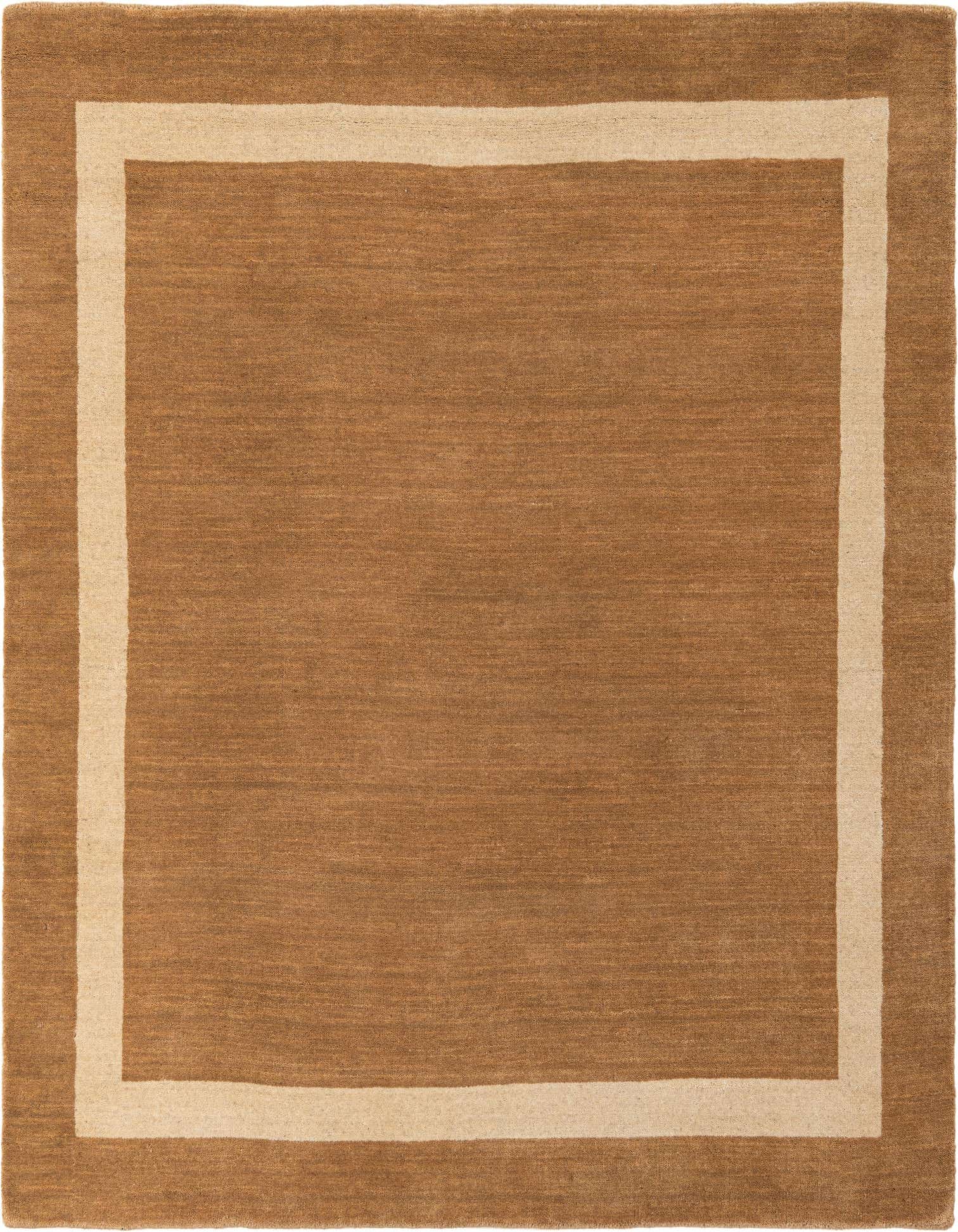 A 5'1" x 5'1" square brown wool rug with a thin ivory border, perfect for a modern indoor space.