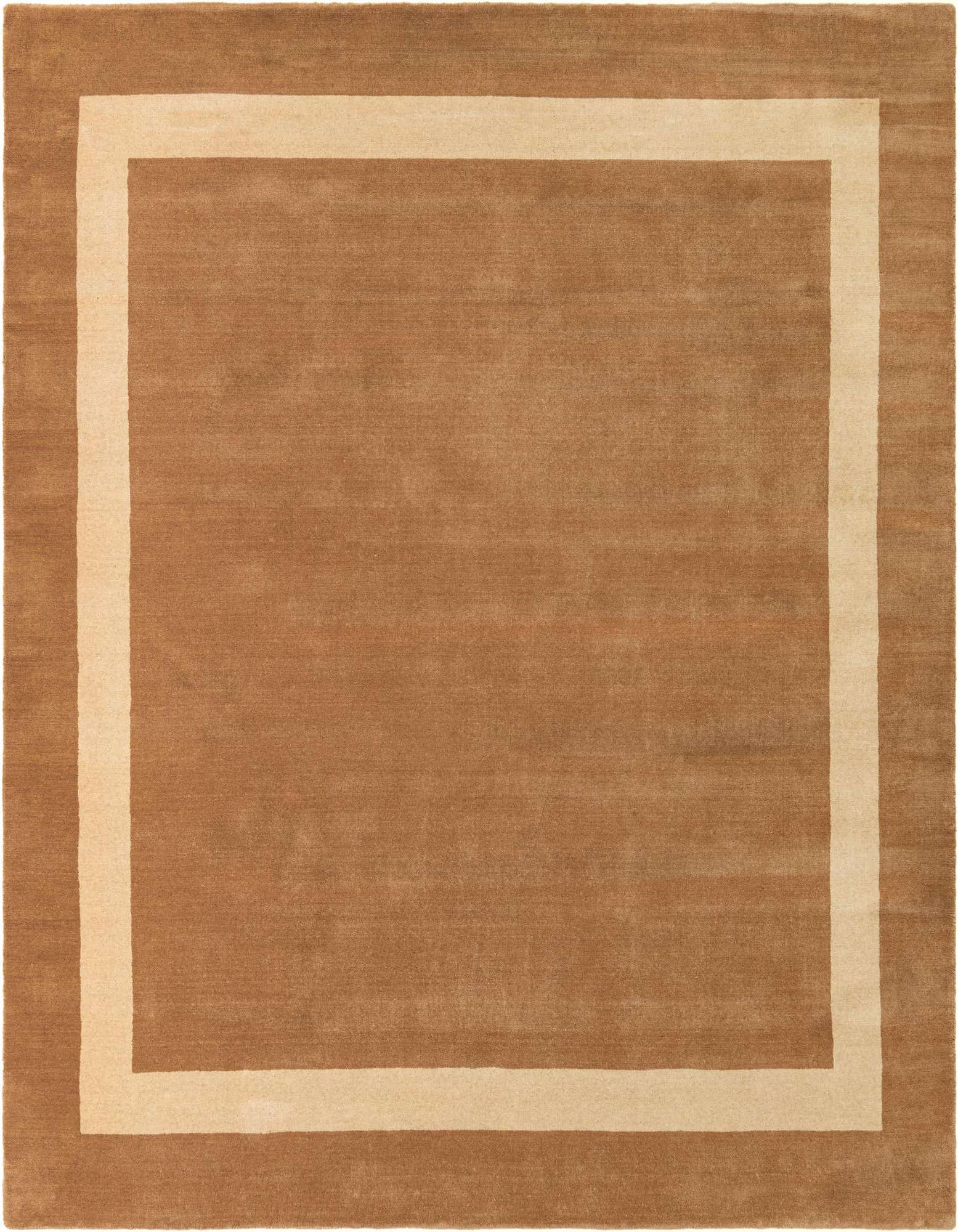 A 7' 10 x 7' 10 square brown wool rug with a contrasting ivory border, perfect for a modern living space.