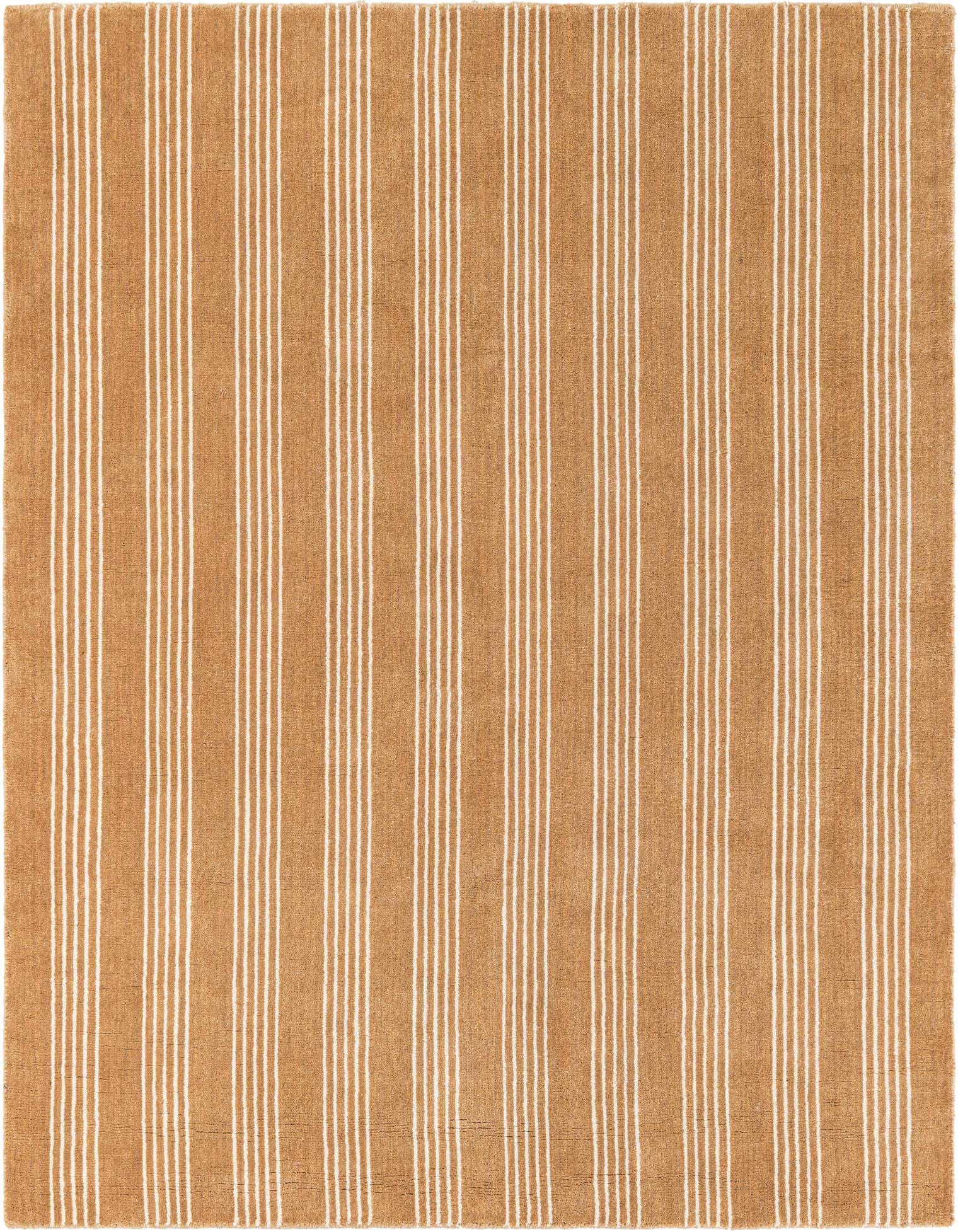 A 5' 1 x 5' 1 square Jill Zarin Striped Wool rug featuring vertical ivory stripes on a warm brown background.