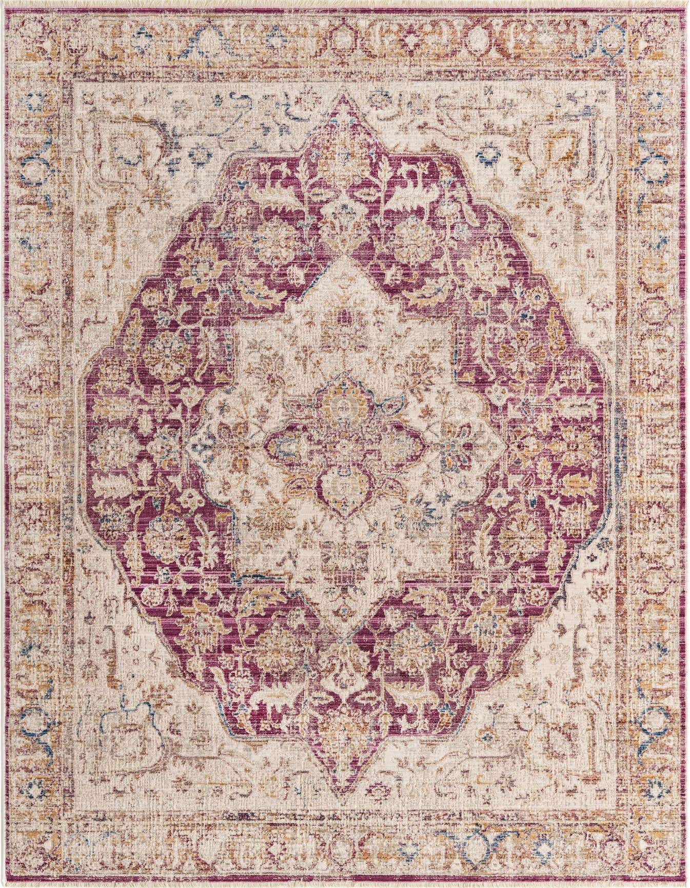 A 5x8 rectangular Deepa rug featuring a distressed purple medallion and traditional floral patterns on a cream background.