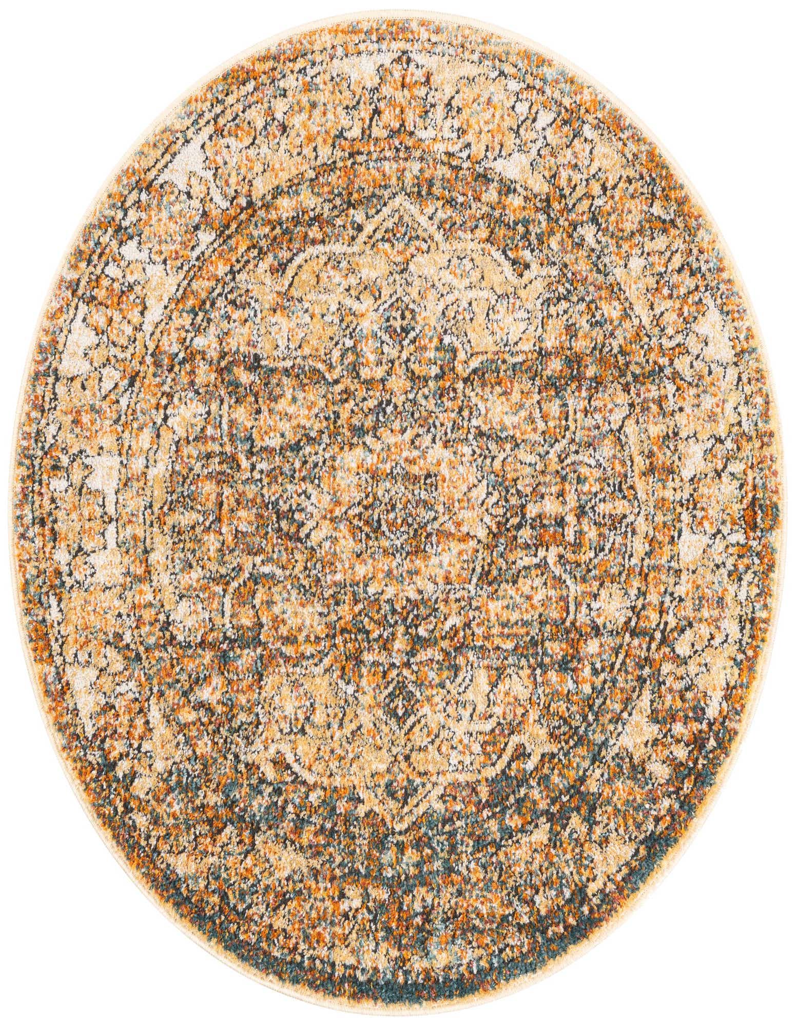 A 3' 3 round Isabella rug in light brown and blue, featuring a traditional medallion pattern with a textured, high/low pile.