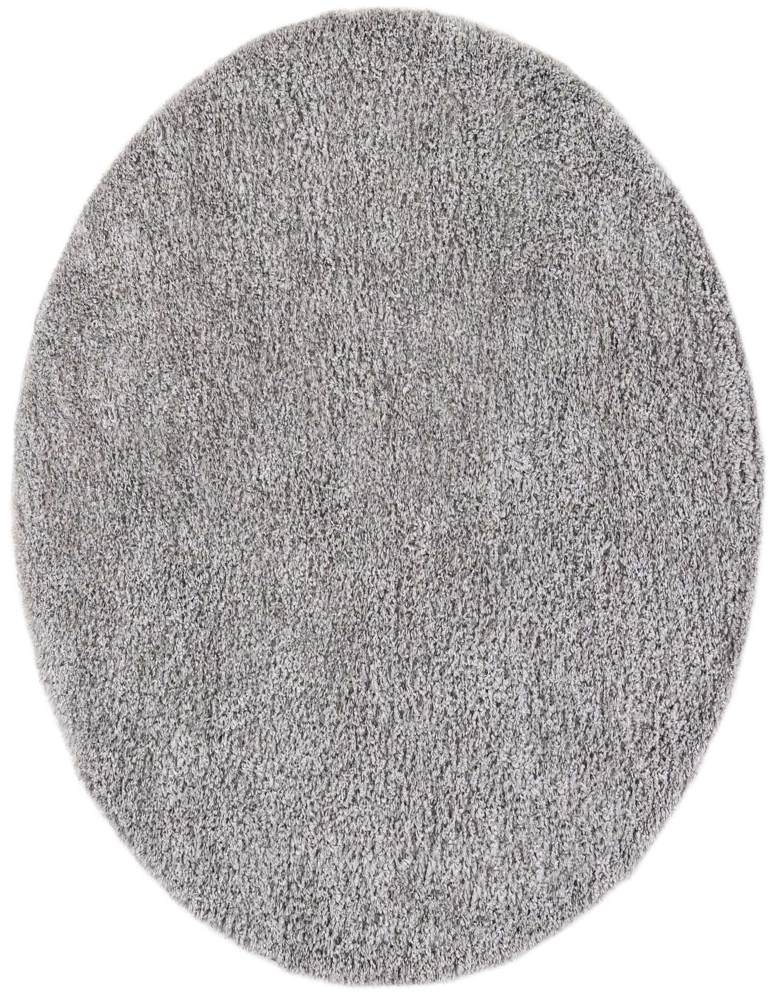 A soft, light grey round shag rug, 6' 2 x 6' 5, made of polypropylene, shown from above.
