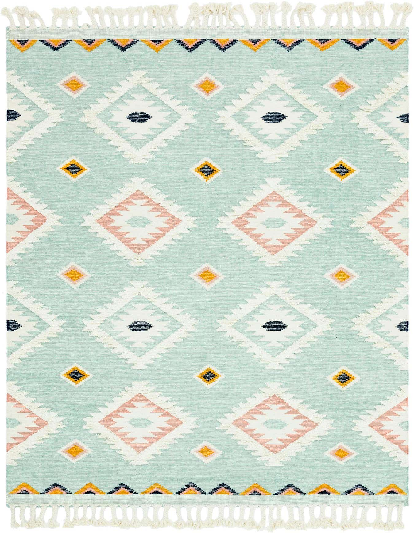 A rectangular 8x11 light aqua tribal rug with a Southwestern pattern, featuring pink, white, yellow, and navy diamond motifs and fringed edges.