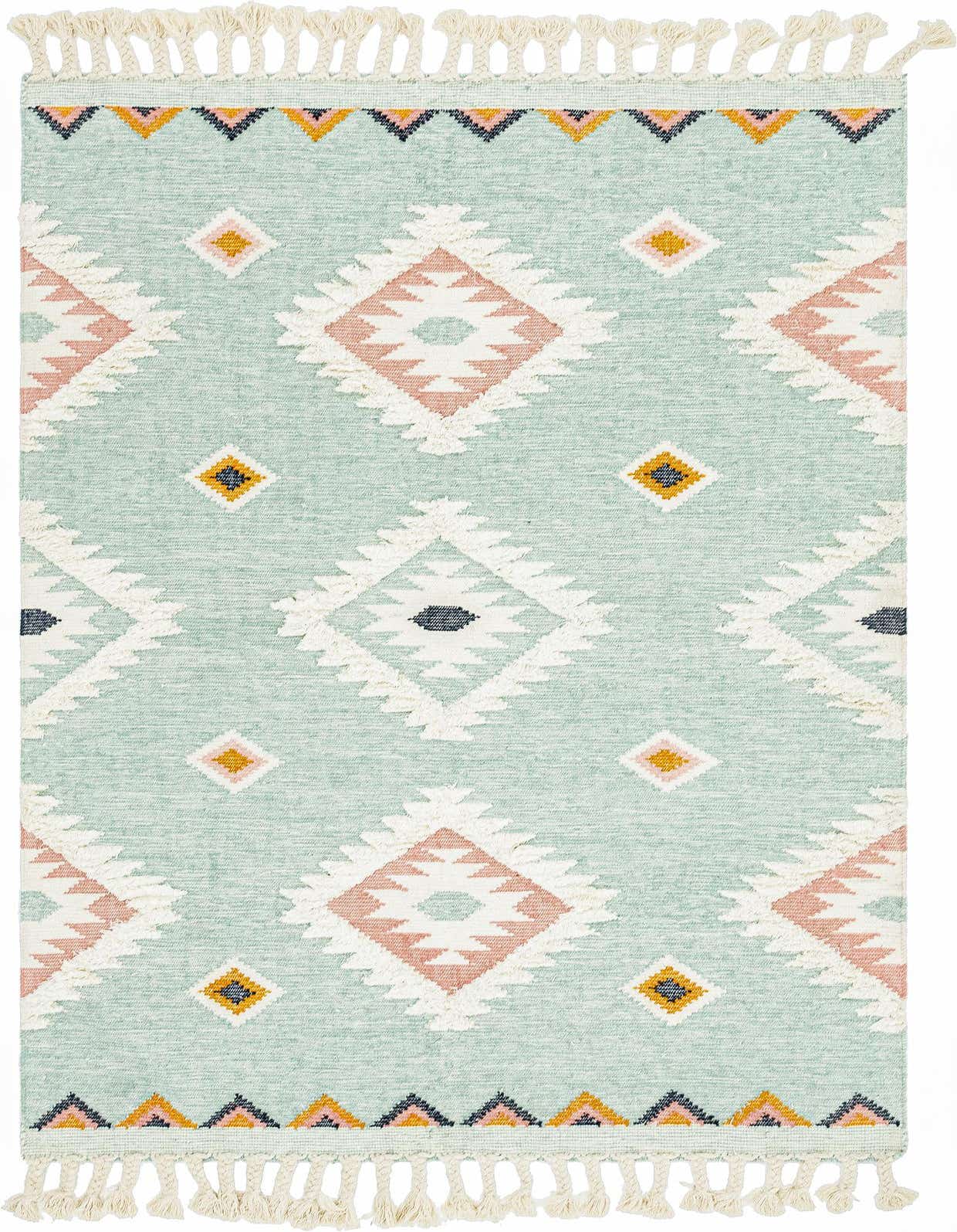 A 6x9 rectangular light aqua tribal rug with large pink, white, and small yellow diamond patterns, featuring decorative tassels.
