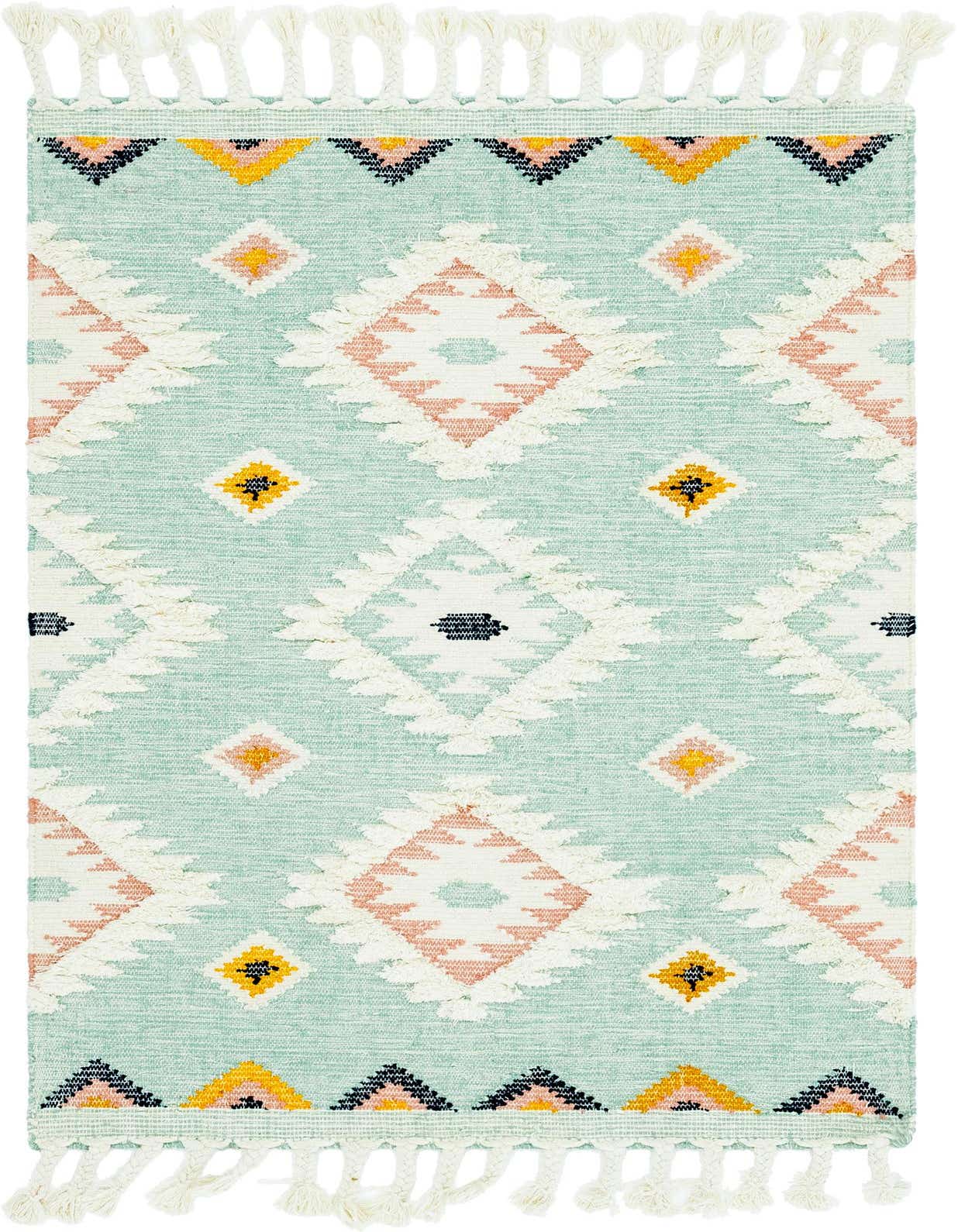 A 4x6 rectangular light aqua tribal wool rug with pink, yellow, and black geometric patterns and white shag texture, featuring braided tassels.