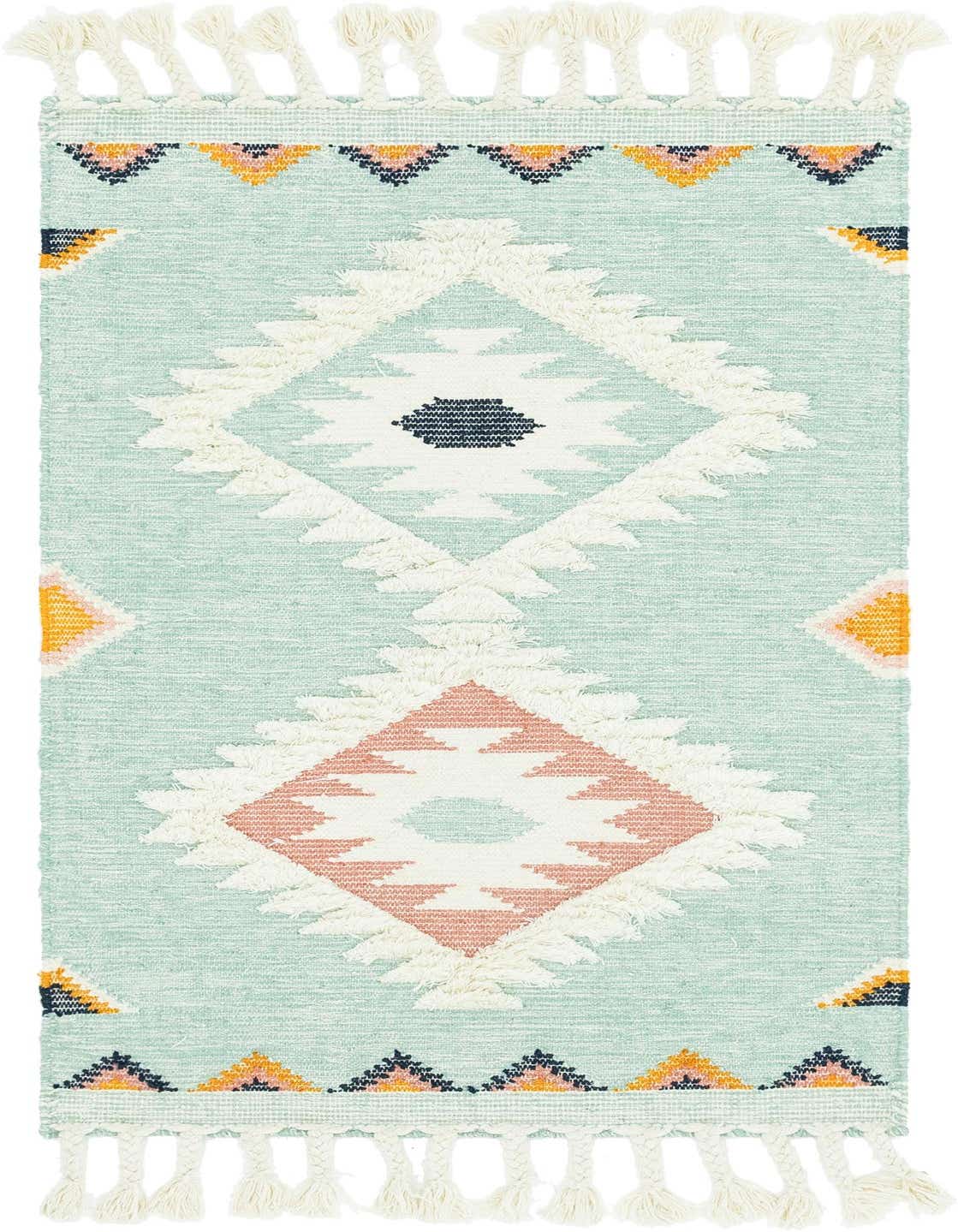 A 3x5 rectangular Light Aqua tribal rug with a textured shag pile, featuring white, pink, yellow, and navy geometric patterns and decorative tassels.