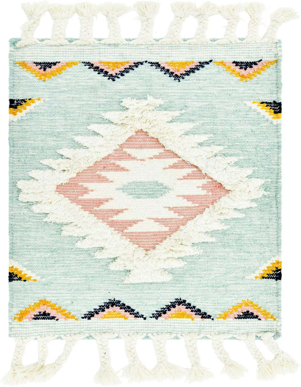 A 2x3 rectangular Light Aqua tribal wool rug with a central pink and white diamond pattern, accented by yellow and black triangles, and braided tassels.