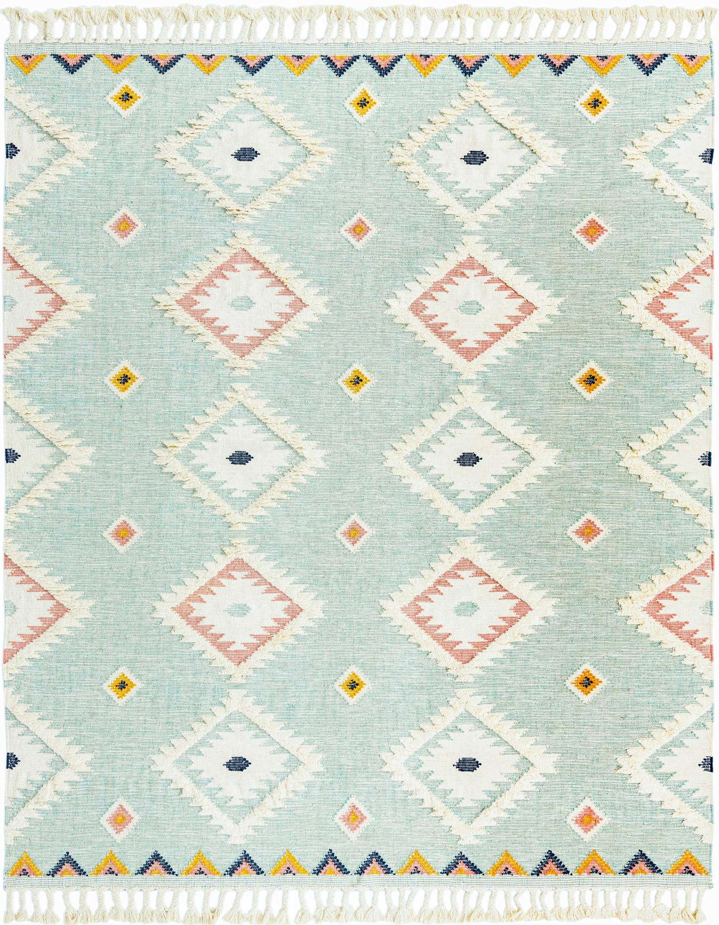 A 10x13 rectangular Light Aqua Southwestern rug with a tribal diamond pattern in pink, white, and blue, featuring a textured shag pile and fringe.