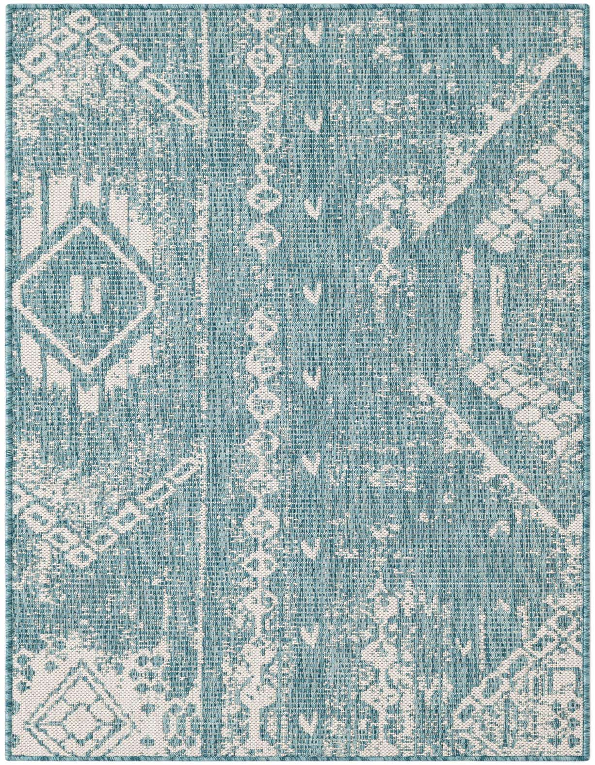 A 3x5 rectangular light aqua modern rug with a subtle geometric pattern, suitable for indoor or outdoor use.