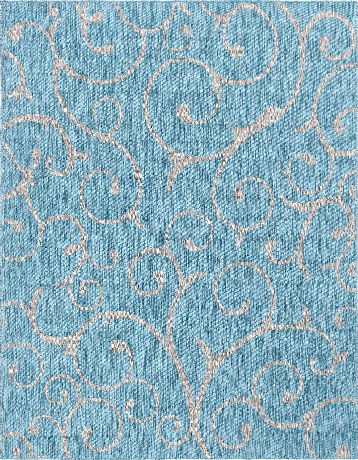 A 9x12 rectangular light aqua indoor/outdoor rug with a subtle cream traditional botanical scroll pattern, ideal for a patio or living room.