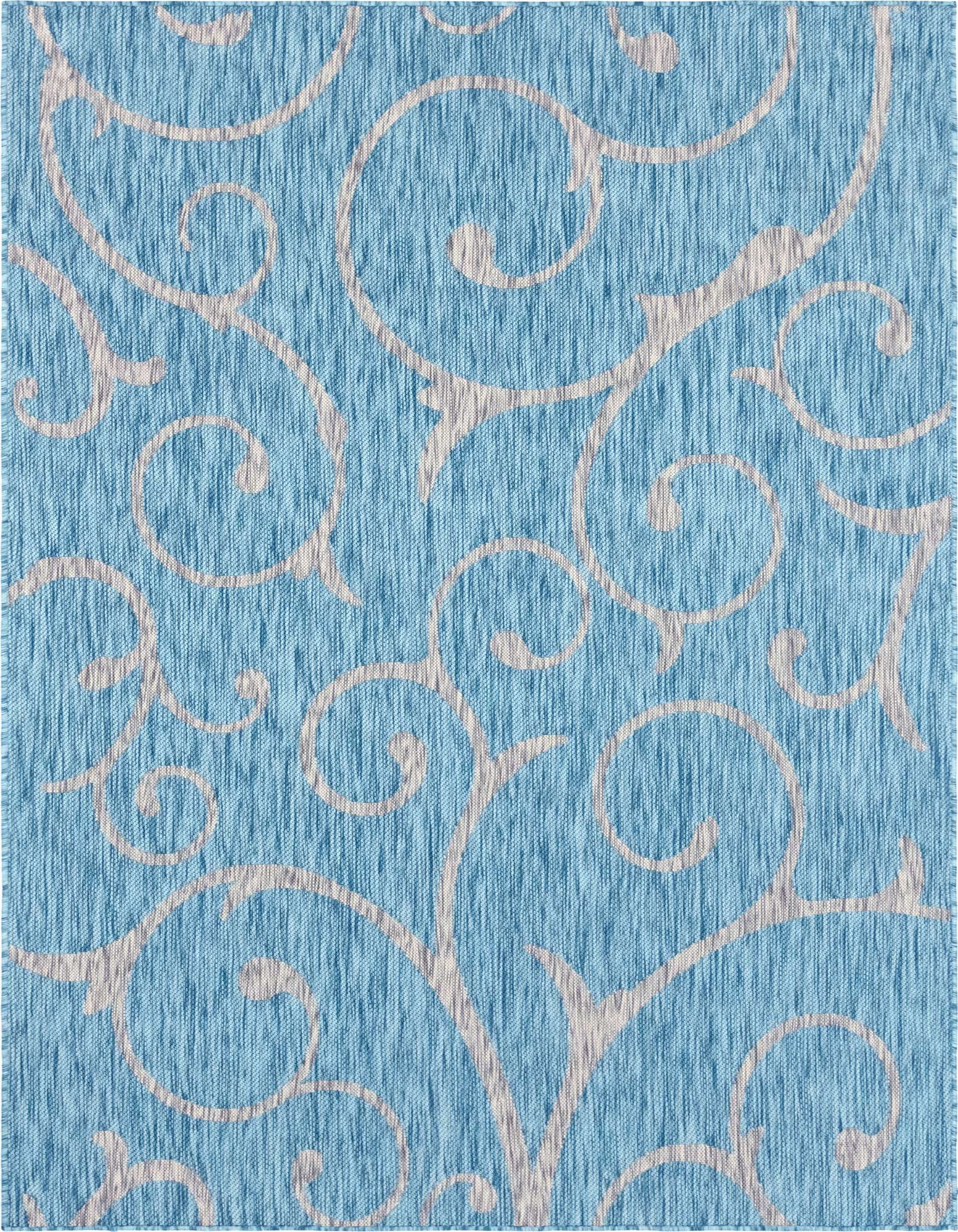 A 6x9 rectangular light aqua indoor/outdoor rug with an elegant off-white botanical scroll pattern.
