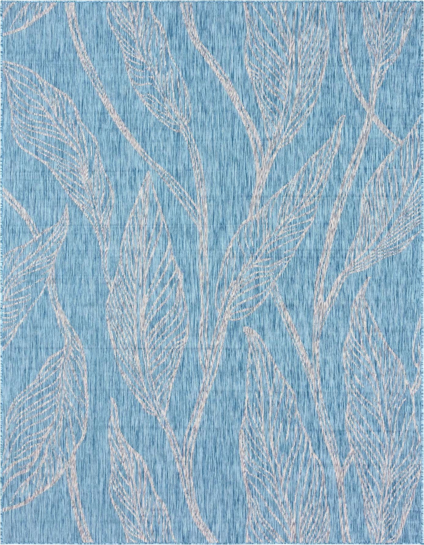 A light aqua 8x11 rectangular indoor/outdoor rug with a modern botanical pattern of abstract white leaves and vines.