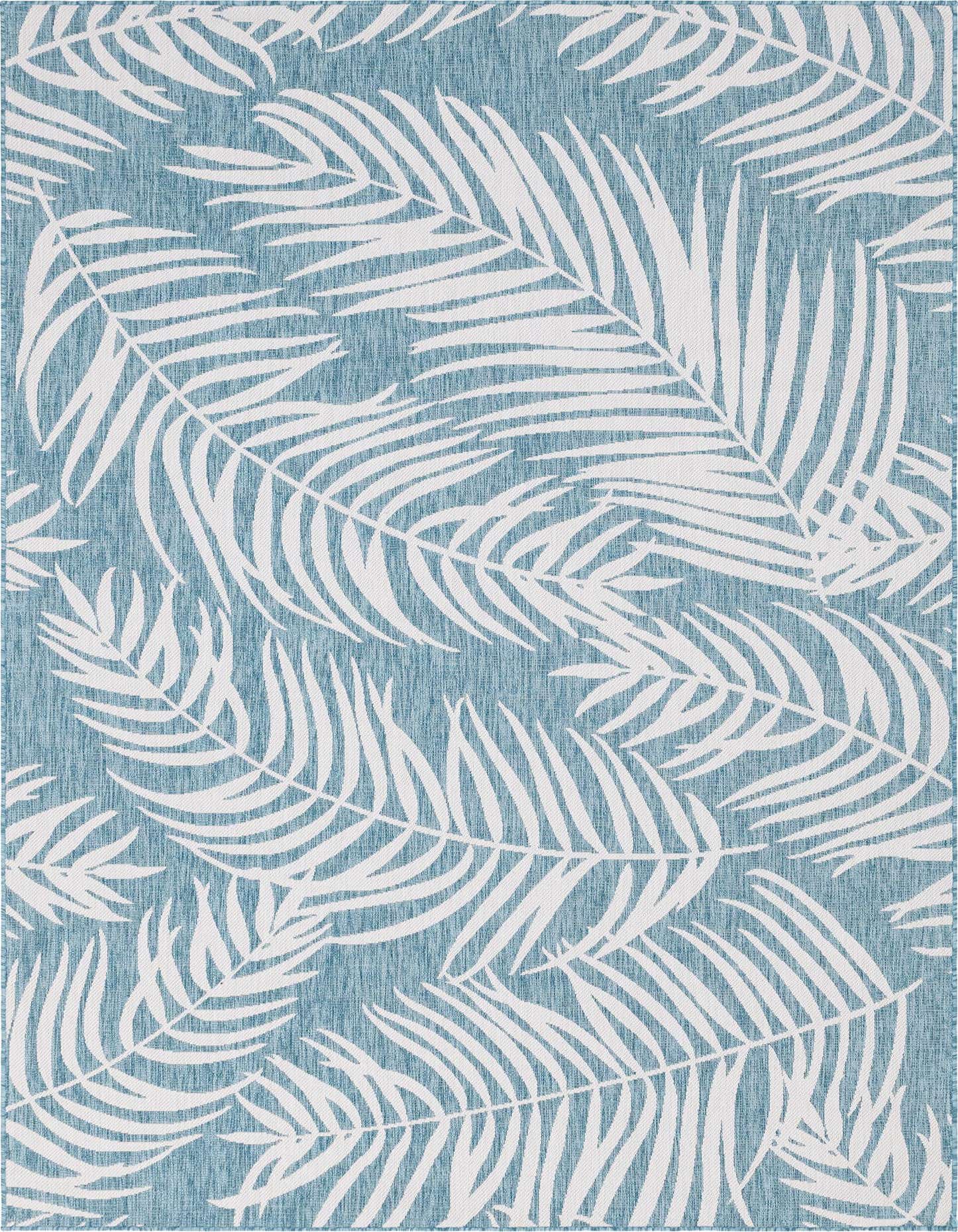 A rectangular 8x11 light aqua indoor/outdoor rug with a white tropical palm leaf pattern, suitable for a patio or living room.