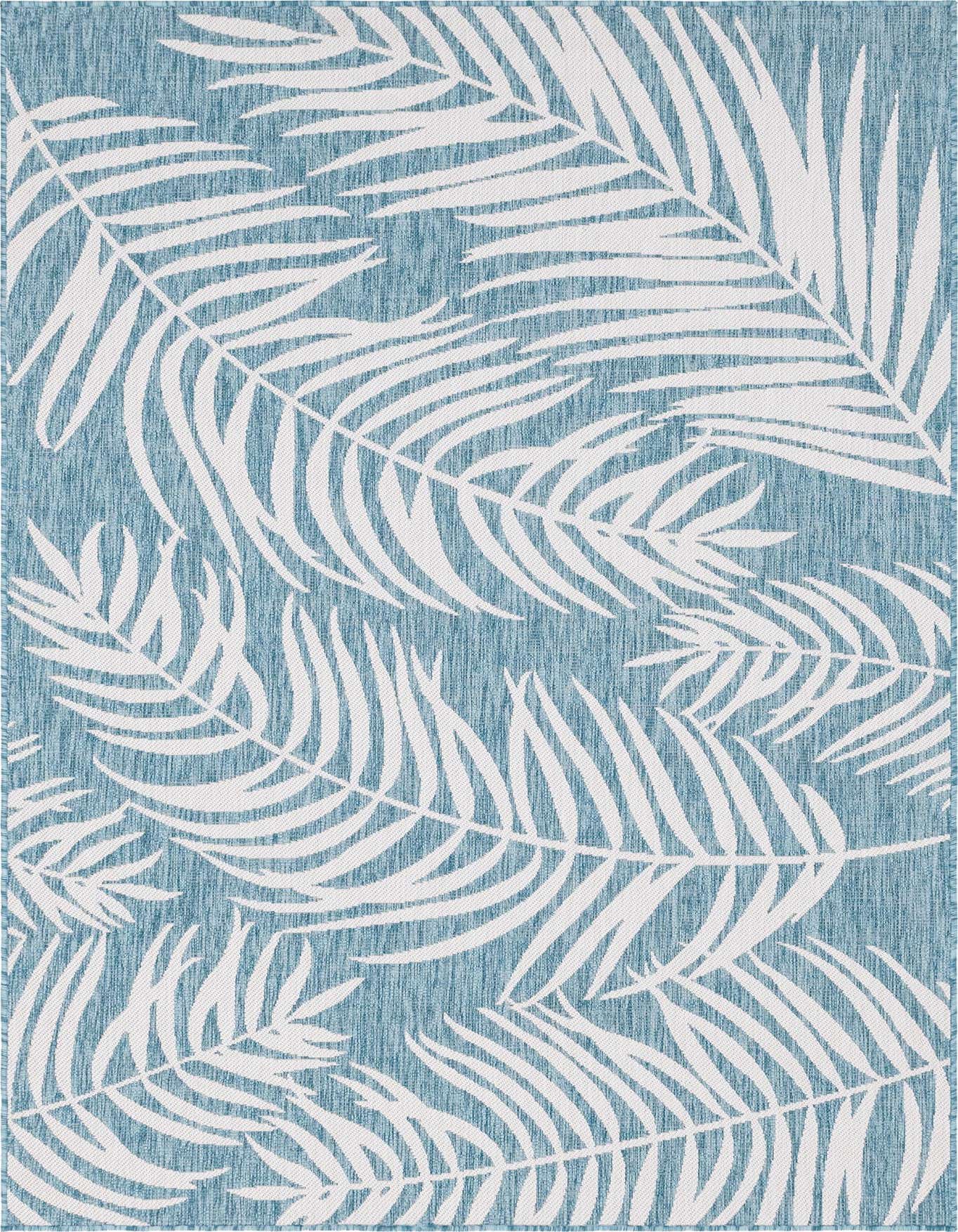 A 6x9 rectangular light aqua indoor/outdoor rug with a modern tropical white palm leaf pattern, suitable for a patio or living room.