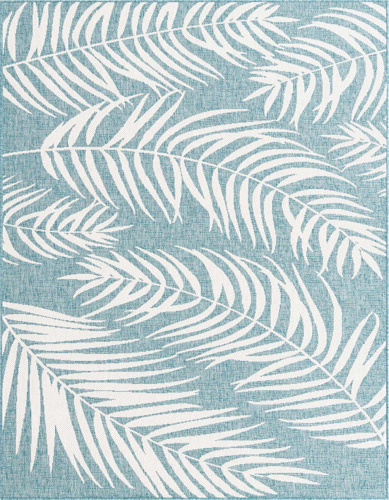 A 5x8 rectangular light aqua indoor/outdoor rug with a modern tropical white palm leaf pattern, suitable for a patio or living room.