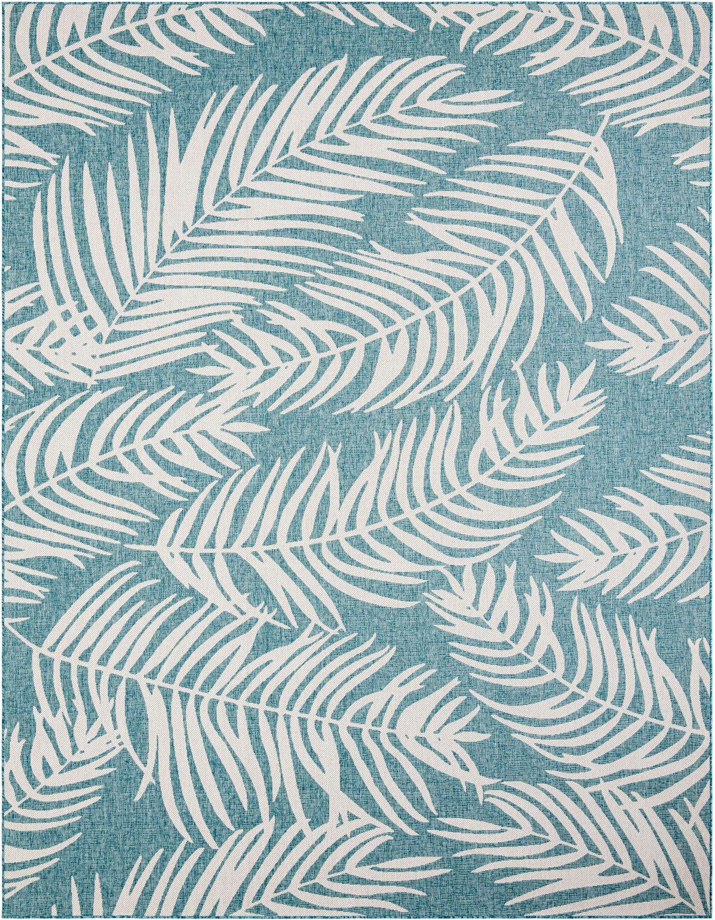 A 10x14 rectangular light aqua rug with a repeating pattern of large white palm leaves, suitable for a patio.