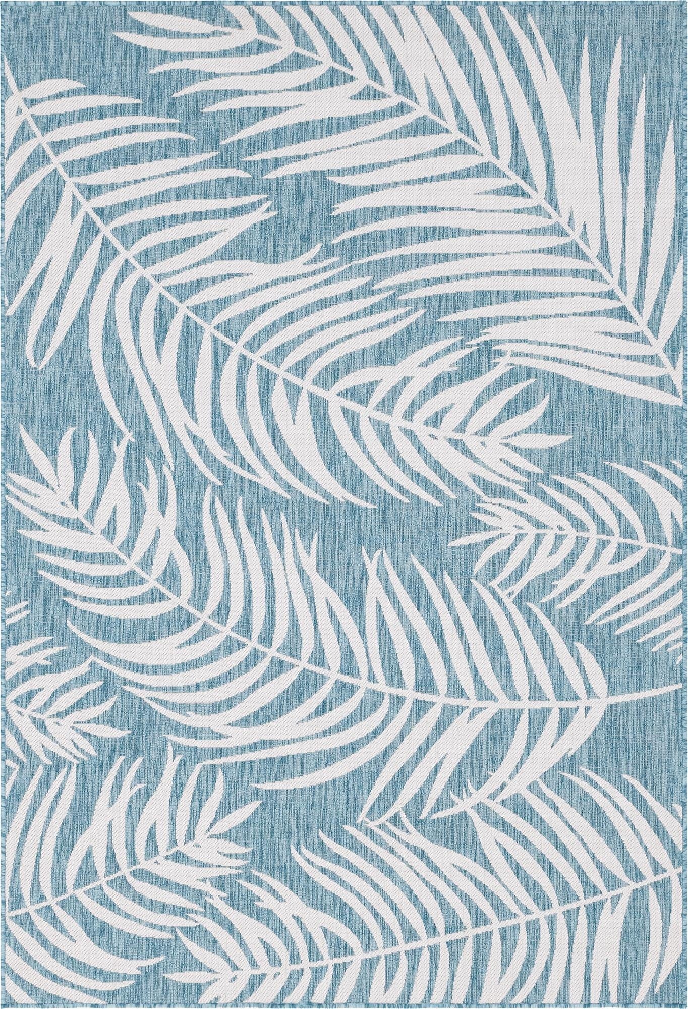 A 6x9 rectangular light aqua indoor/outdoor rug with a modern tropical white palm leaf pattern, suitable for a patio or living room.