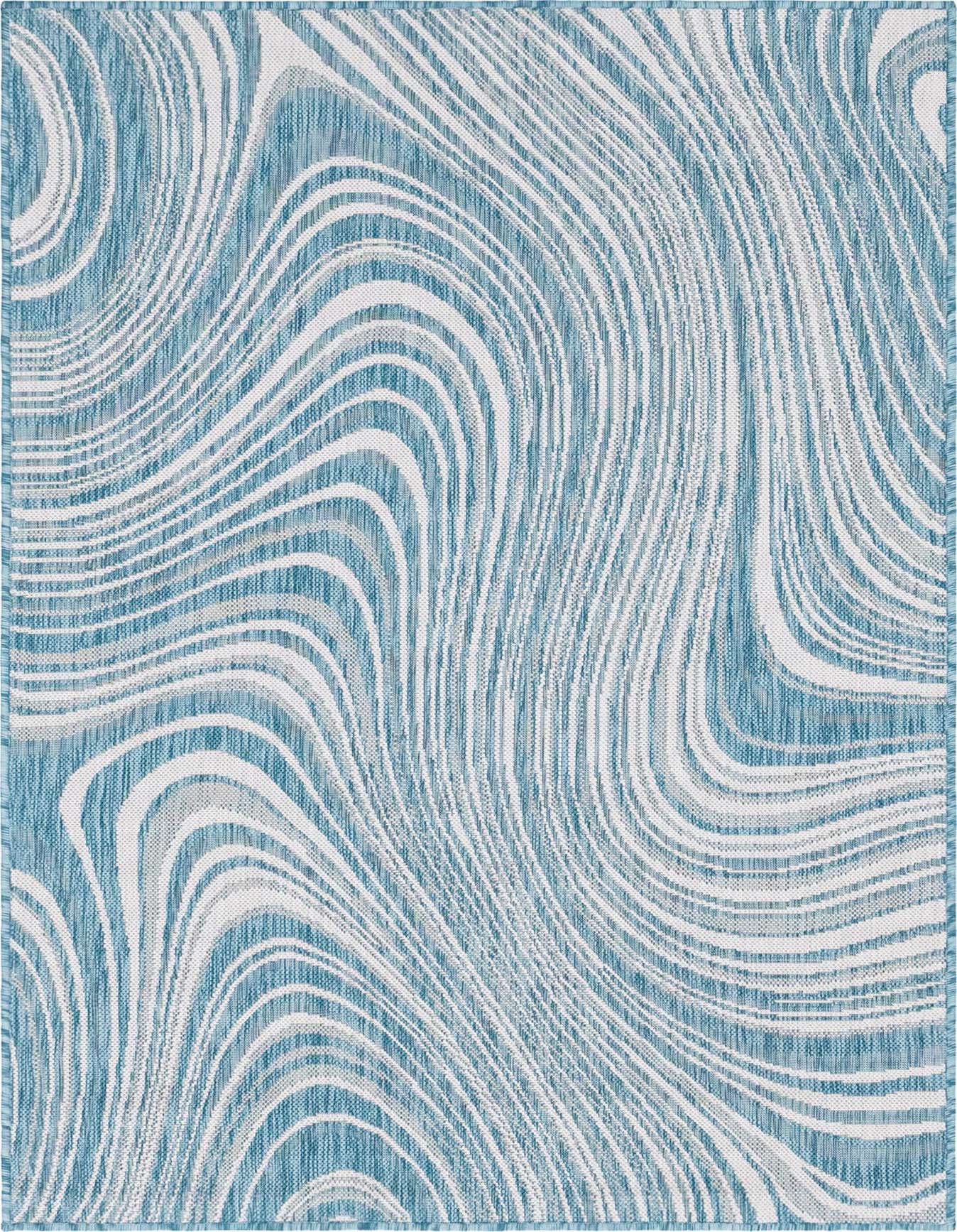 A 4x6 rectangular light aqua and white rug with a swirling, modern wave pattern, suitable for indoor or outdoor use.