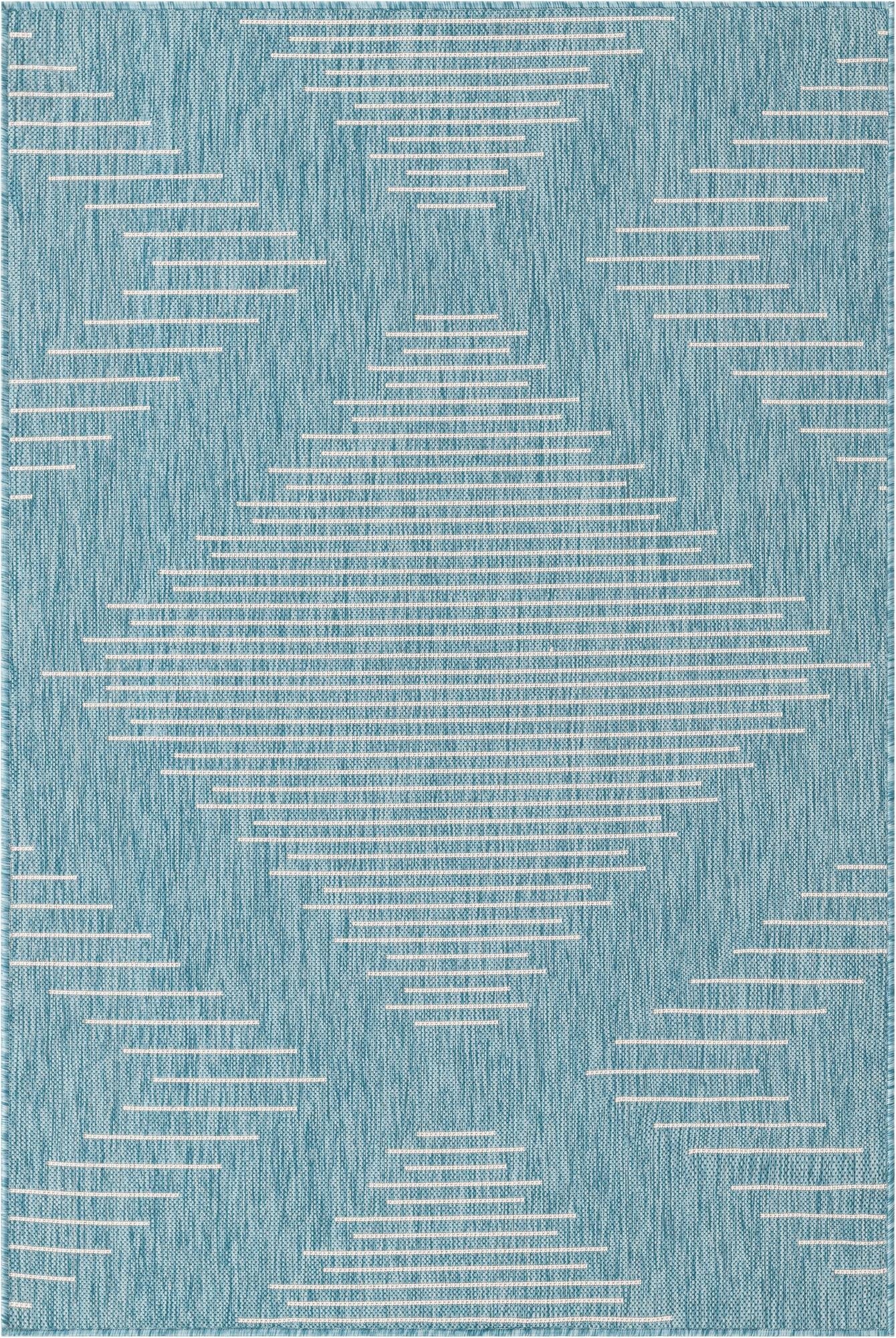 A 4x6 rectangular light aqua indoor/outdoor rug with a modern Southwestern stripe pattern, ideal for patios or living rooms.