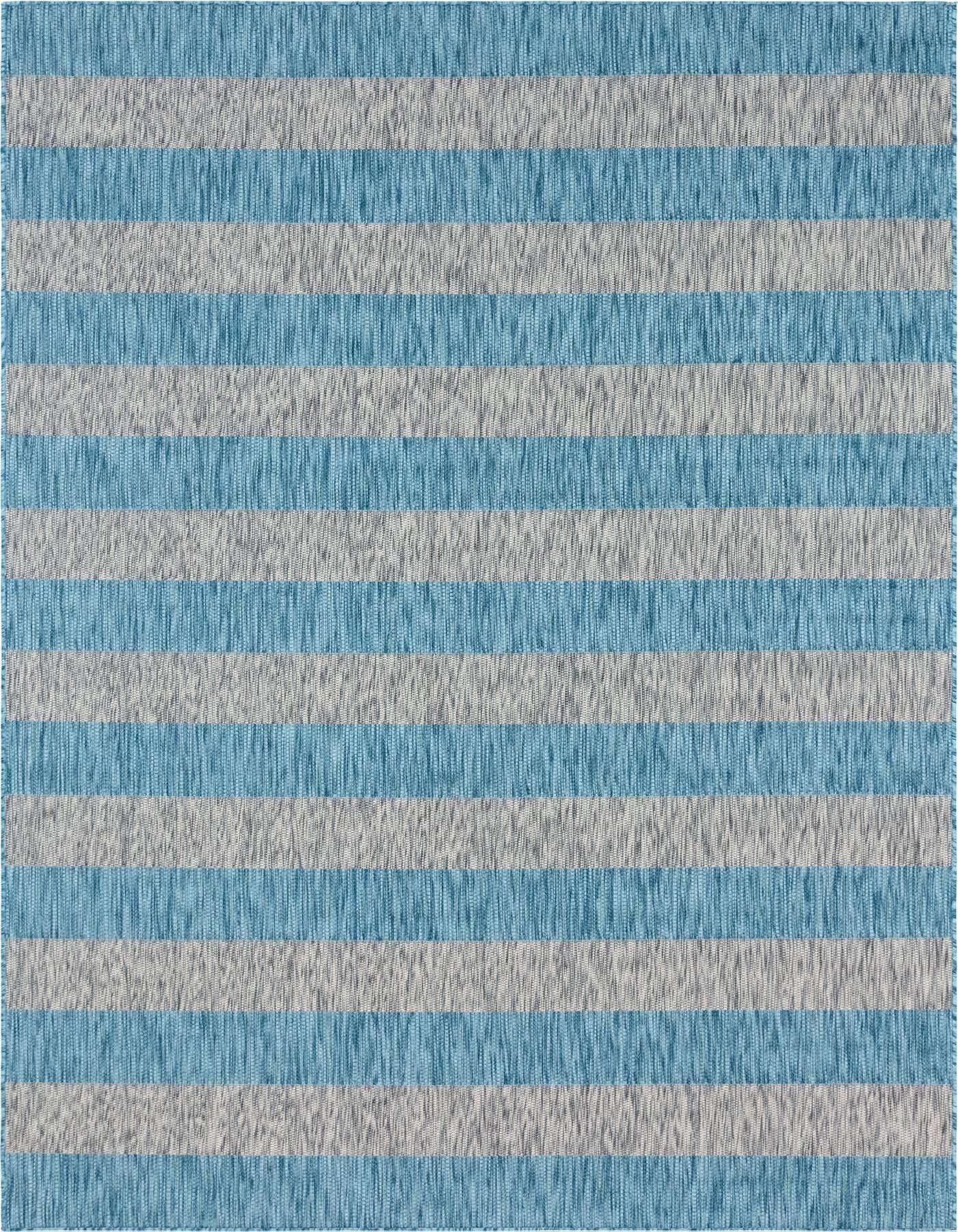 A rectangular 8x11 indoor/outdoor rug featuring wide horizontal stripes in light aqua and textured gray.