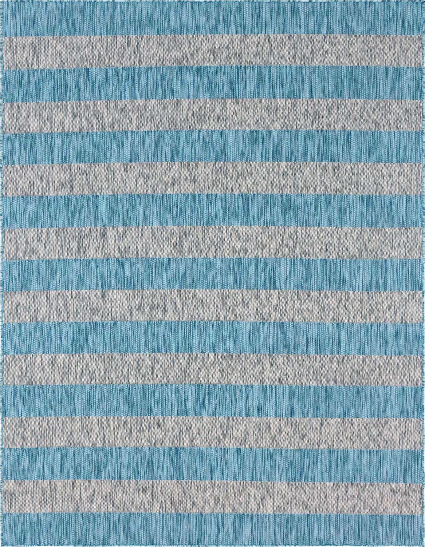 A 7x10 rectangular Rugs.com Outdoor Ribbon rug featuring alternating light aqua and grey horizontal stripes, suitable for indoor/outdoor use.