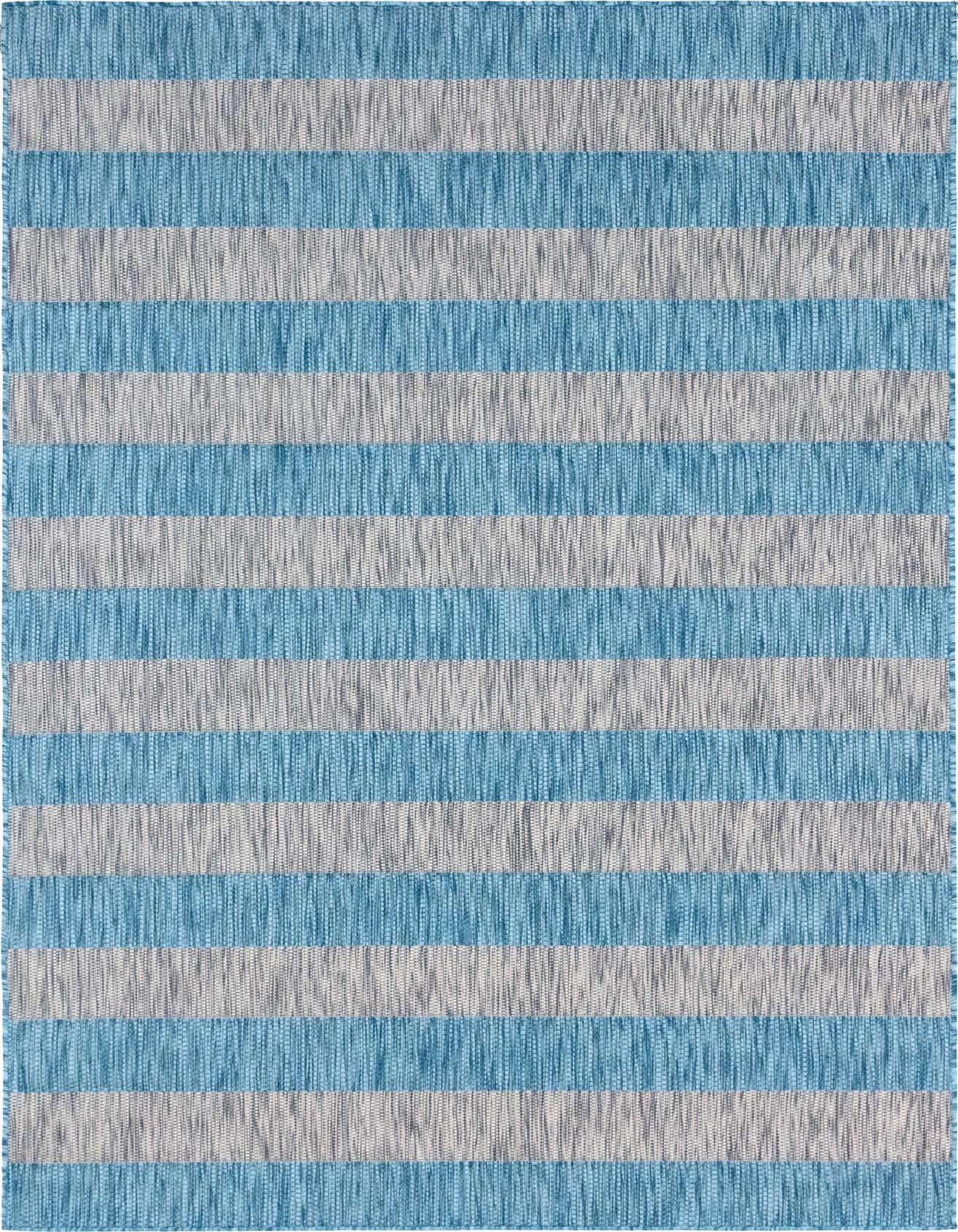 A 6x9 rectangular Rugs.com Outdoor Ribbon rug featuring alternating light aqua and gray textured stripes, suitable for indoor/outdoor use.