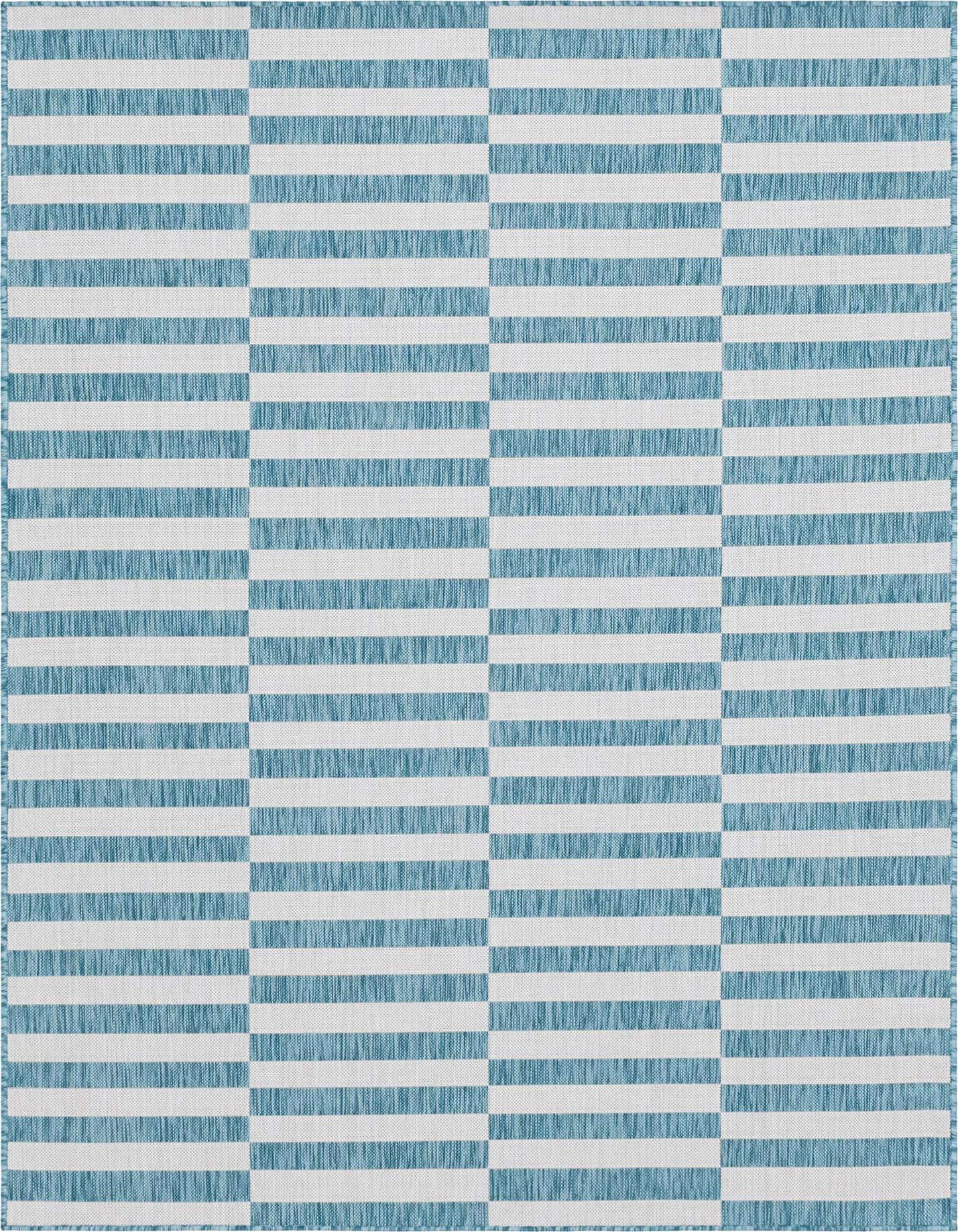 A rectangular 8x11 light aqua and white Scandinavian stripe rug with a flatweave texture, suitable for indoor or outdoor use.