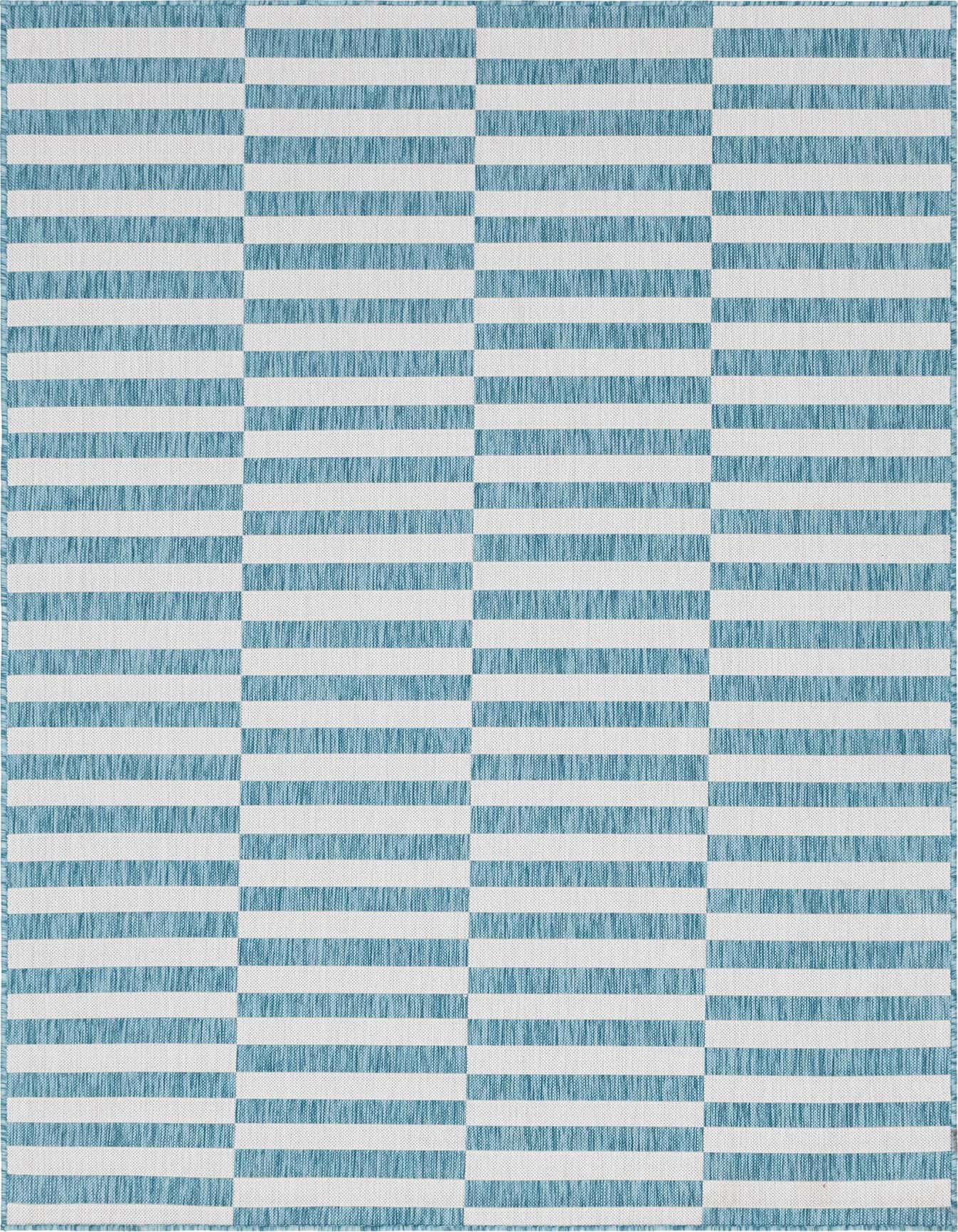 A 6x9 rectangular light aqua and white flatweave rug with a modern horizontal stripe pattern, suitable for indoor/outdoor use.
