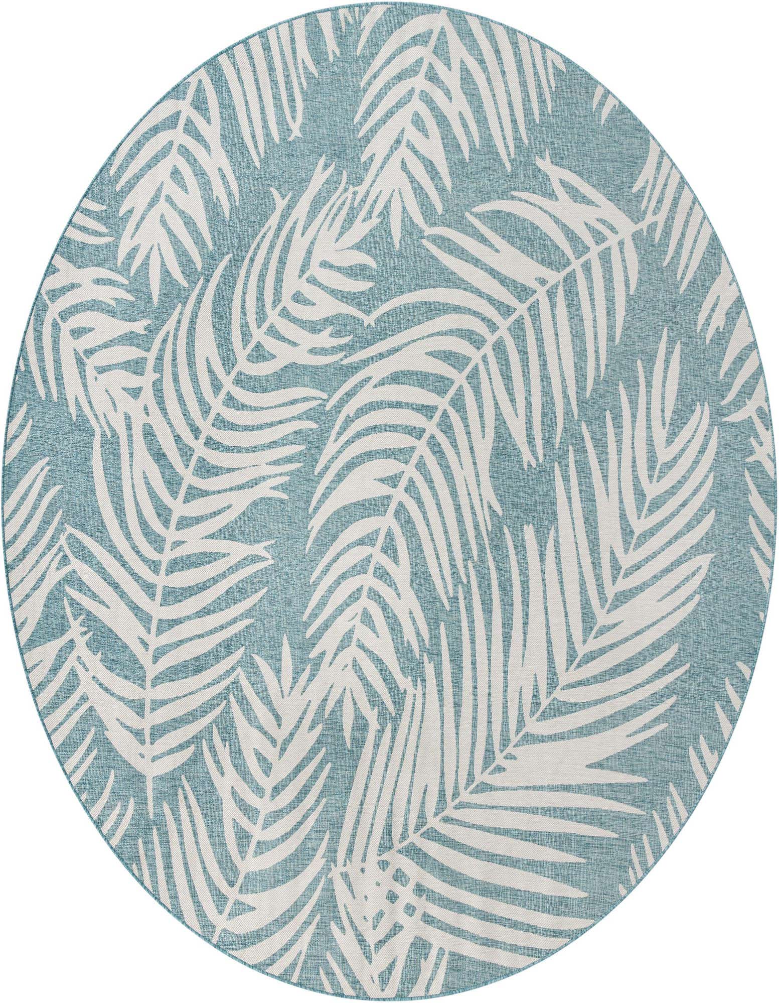 A 13' round light aqua rug with a white tropical palm leaf pattern, suitable for indoor or outdoor use.