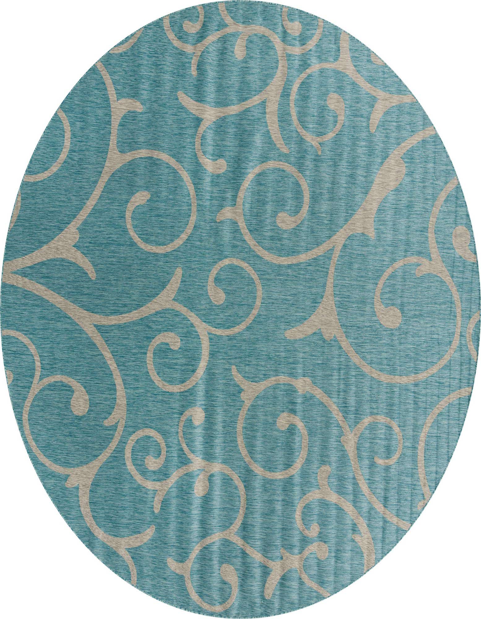 A 13' round light aqua rug with an elegant beige botanical scroll pattern, suitable for indoor or outdoor use.