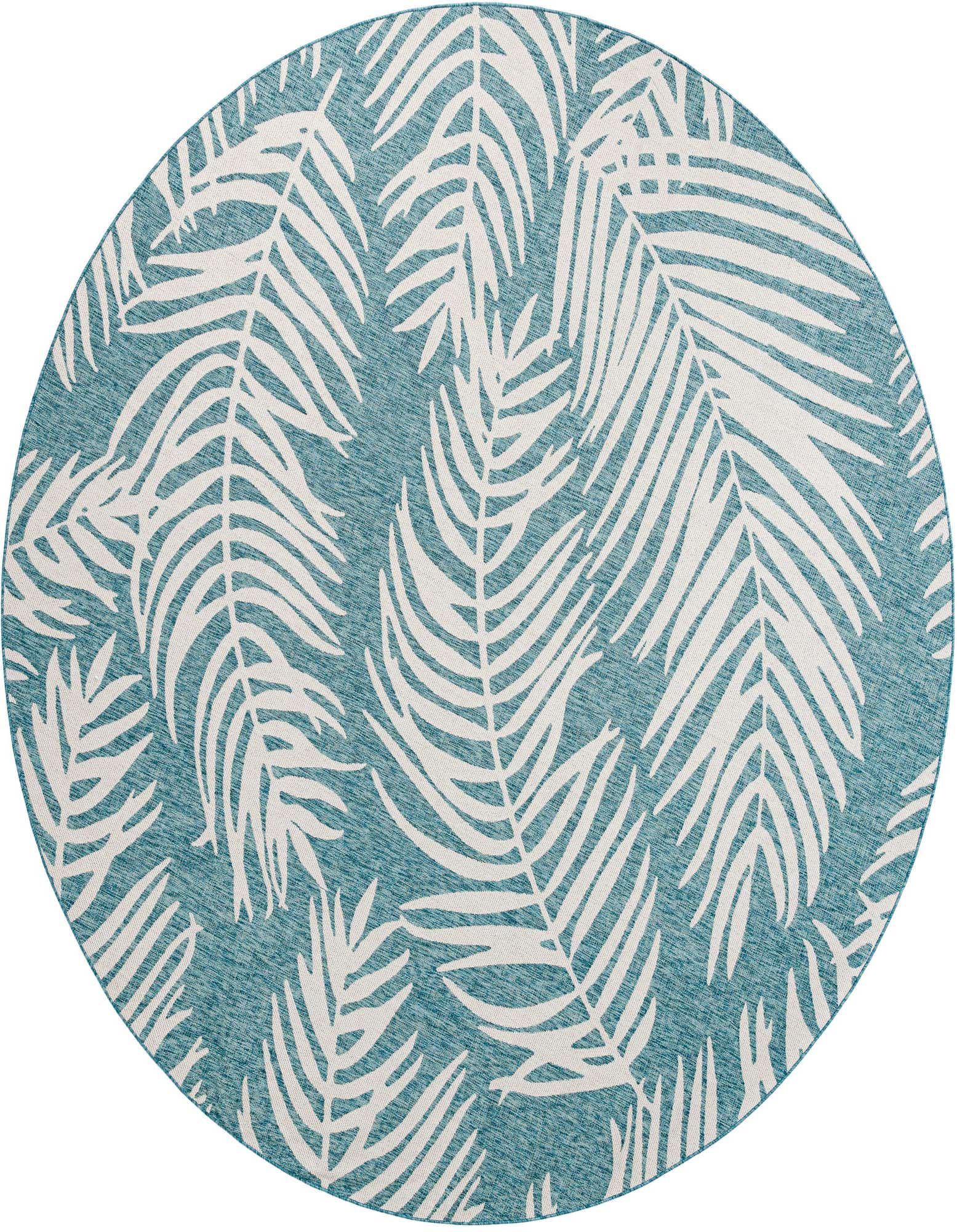 A 12' round light aqua rug with a white botanical palm leaf pattern, suitable for indoor or outdoor use.
