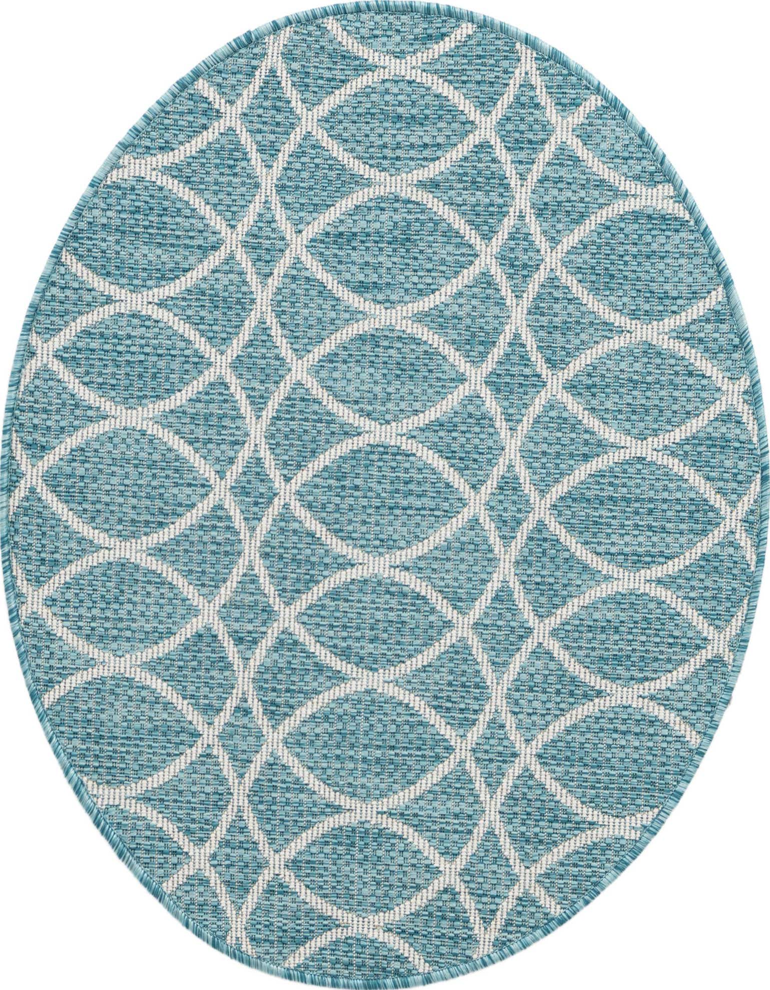A 3' round light aqua indoor/outdoor rug with a white modern trellis pattern, ideal for a patio.