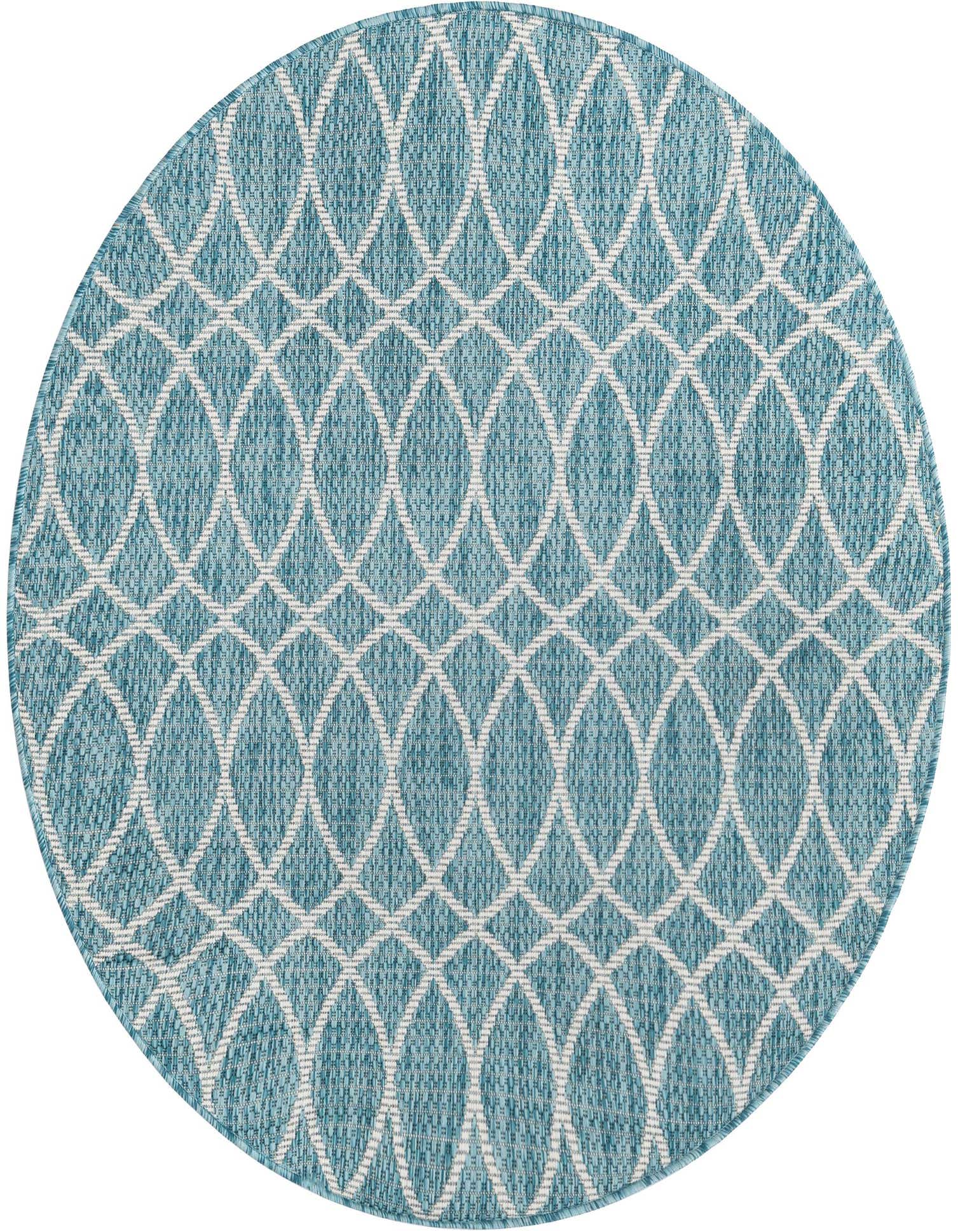 A 4' round Light Aqua outdoor rug with a modern trellis pattern, suitable for a patio or indoor space.