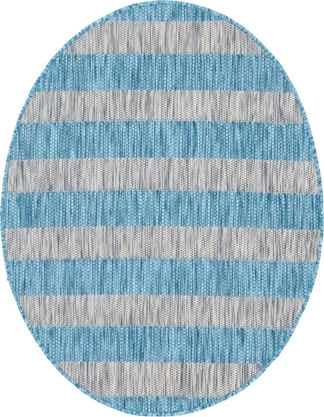 A round, flatweave rug featuring alternating horizontal stripes of light aqua blue and light gray, suitable for indoor or outdoor use.