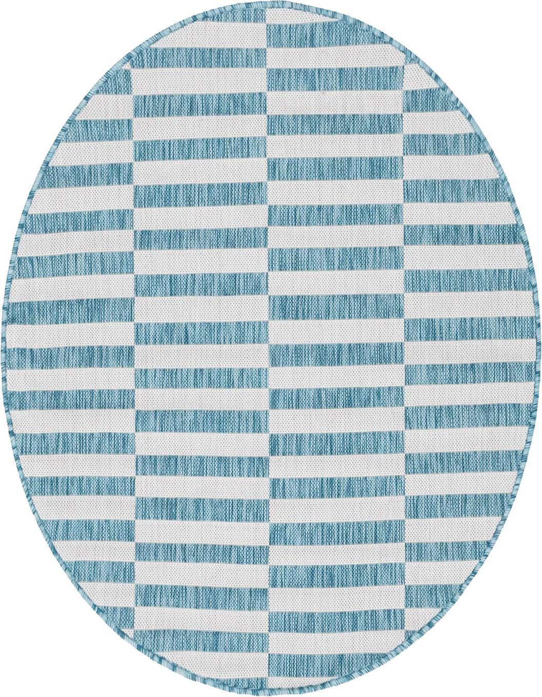 A 4' round indoor/outdoor rug with a modern light aqua and white striped geometric pattern, perfect for a patio.