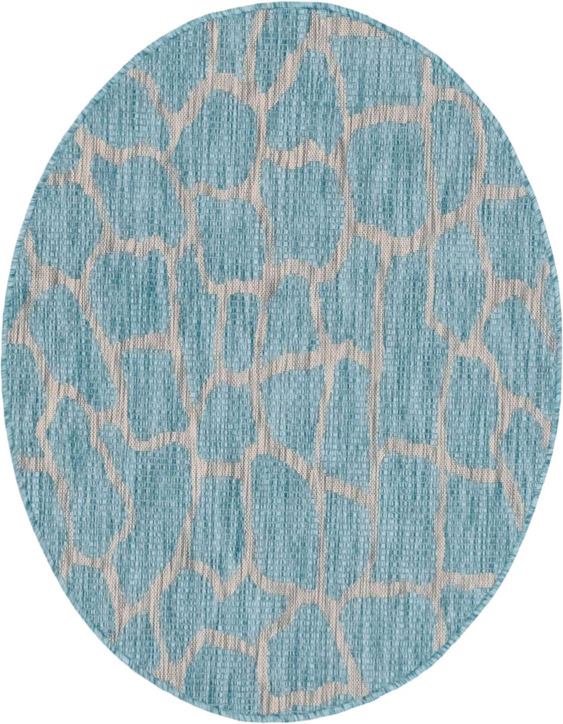 A 4' round light aqua indoor/outdoor rug with an organic, contemporary white geometric pattern.